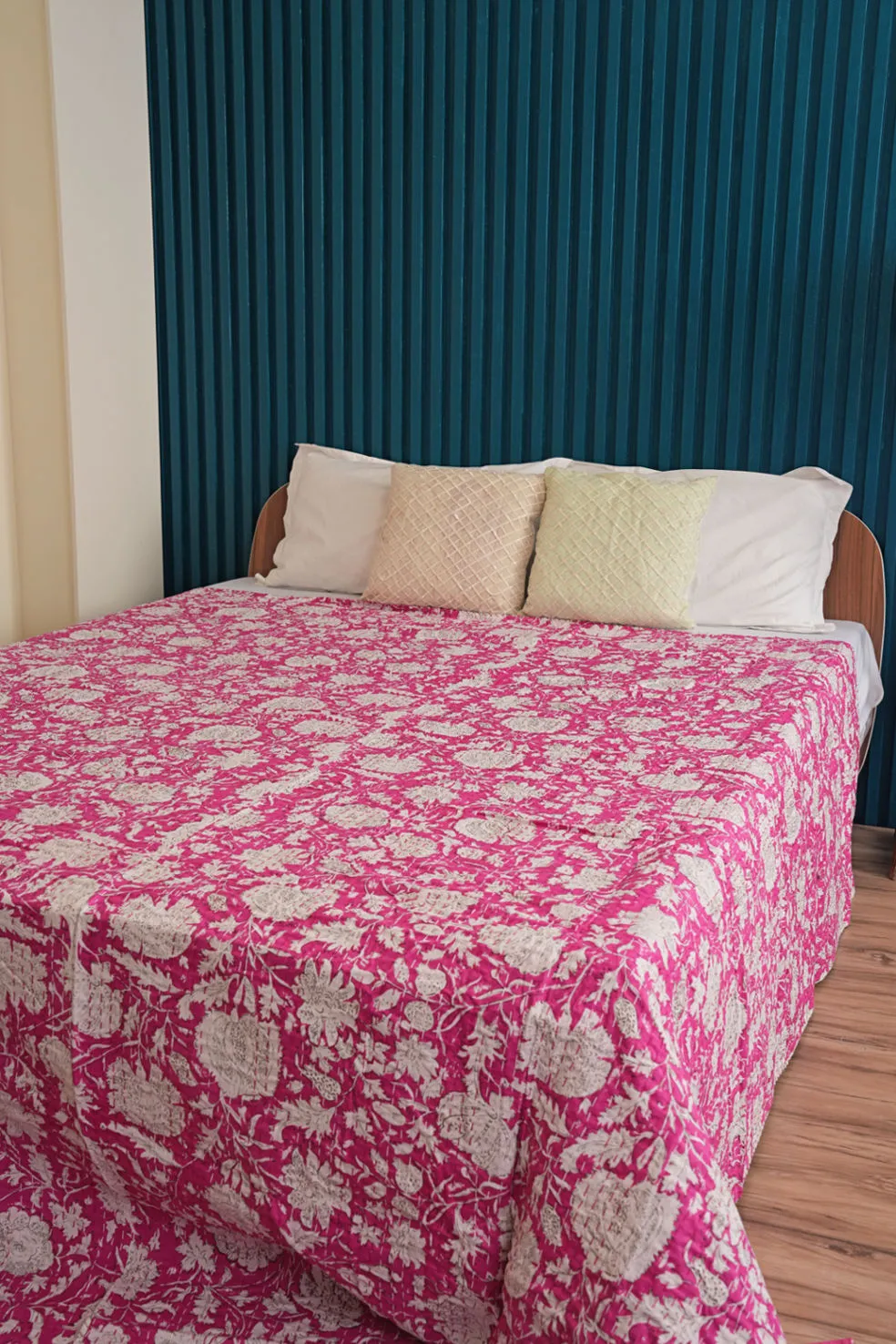 Pink Printed Cotton Leafy Kantha Bedspread