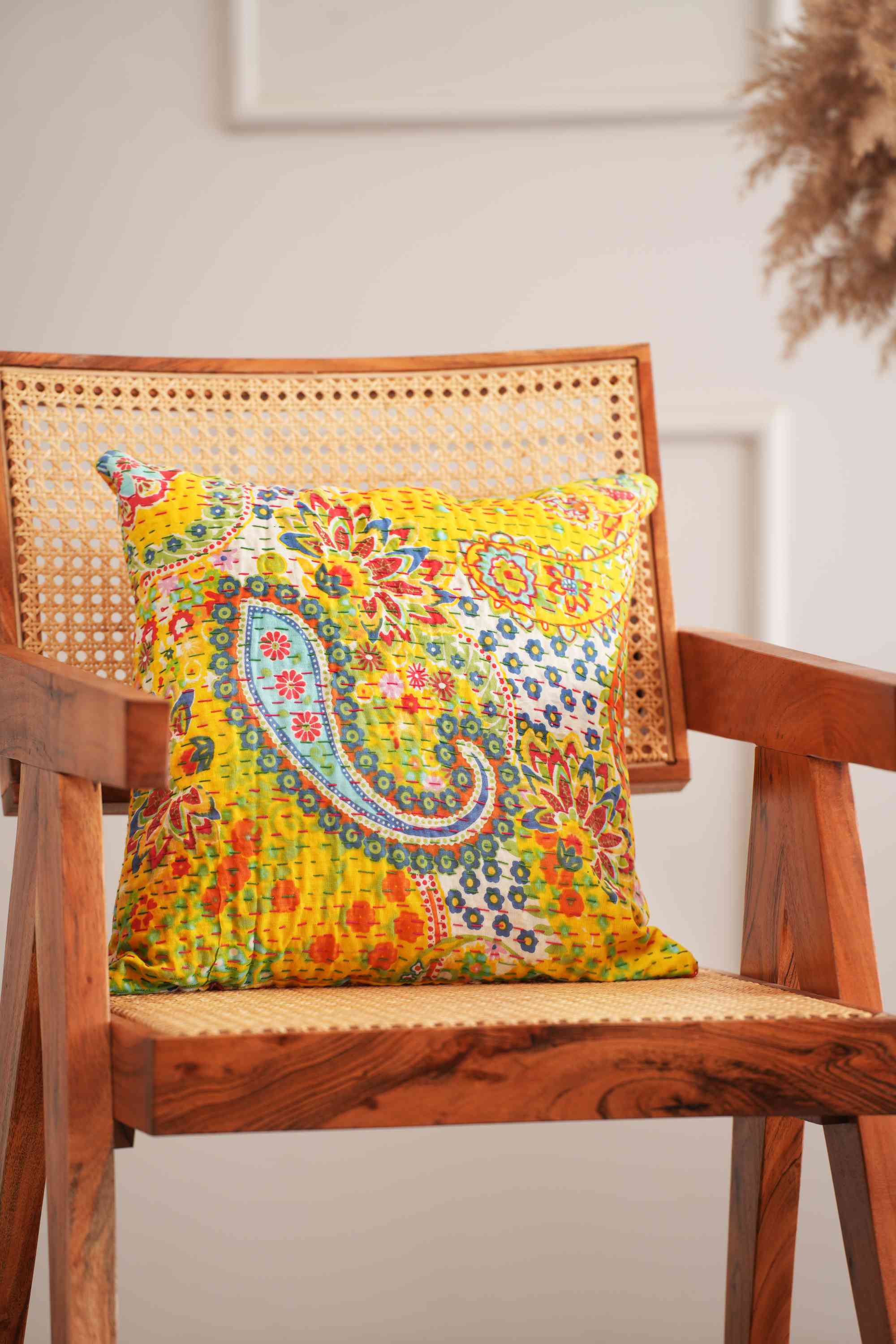 Handmade Cotton Flower Print Kantha Cushion Cover Yellow