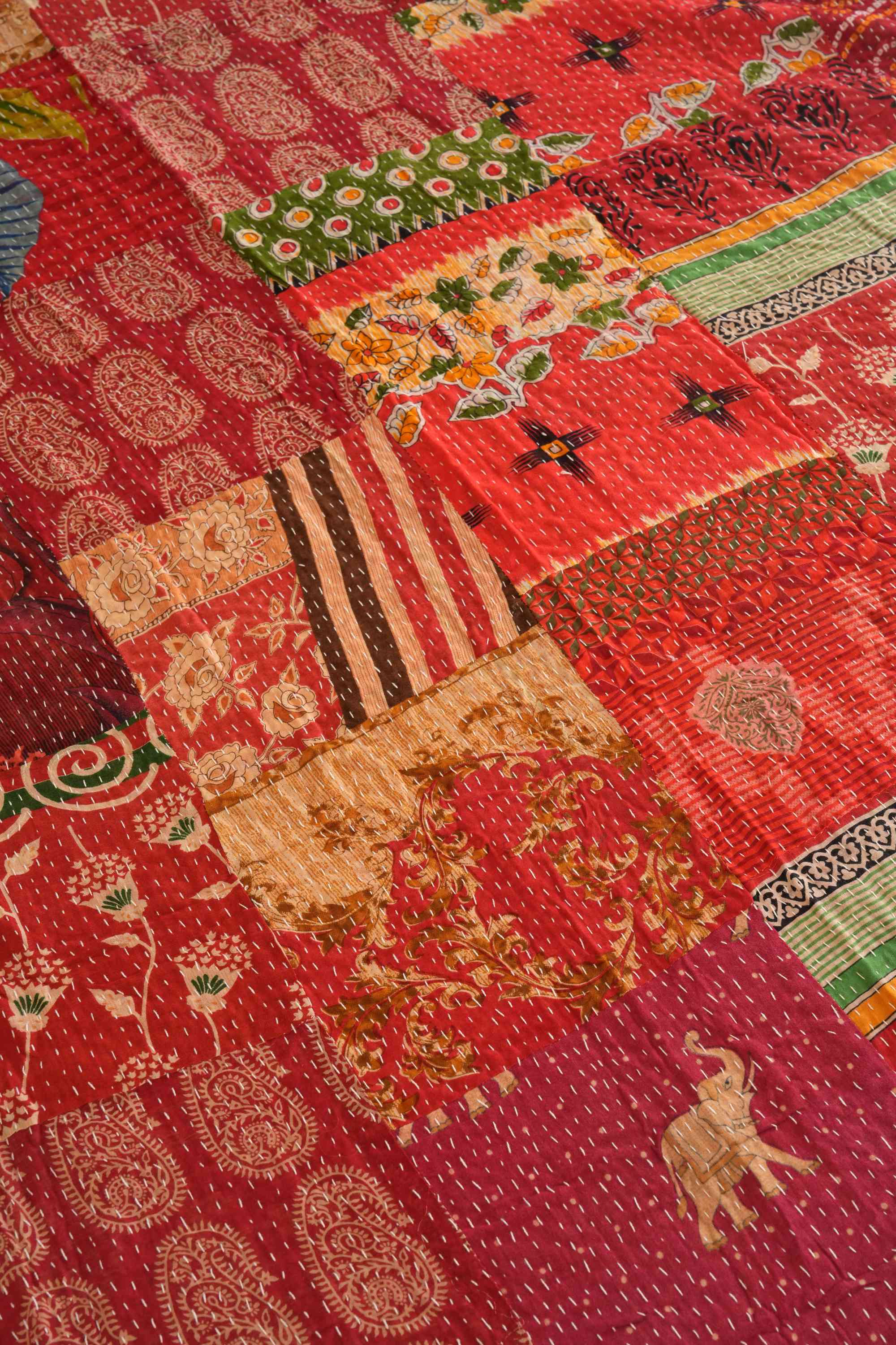 Handmade Cotton Red Vintage Patchwork Kantha Quilt