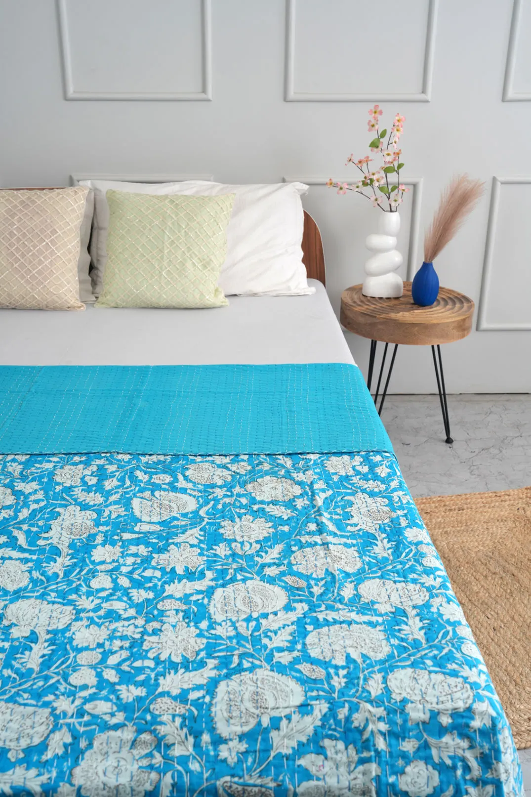 Turquoise Leafy Kantha Bedspread