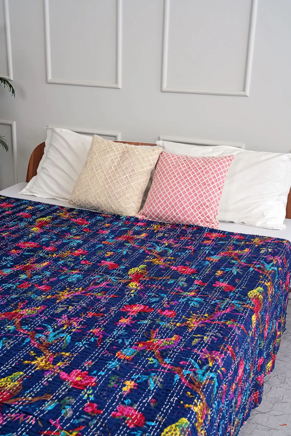 Blue Birds & Flowers Kantha Bedspread