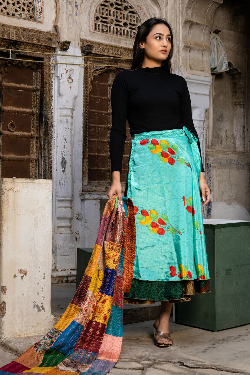 Silk Sari Long Wrap Skirt - Blue