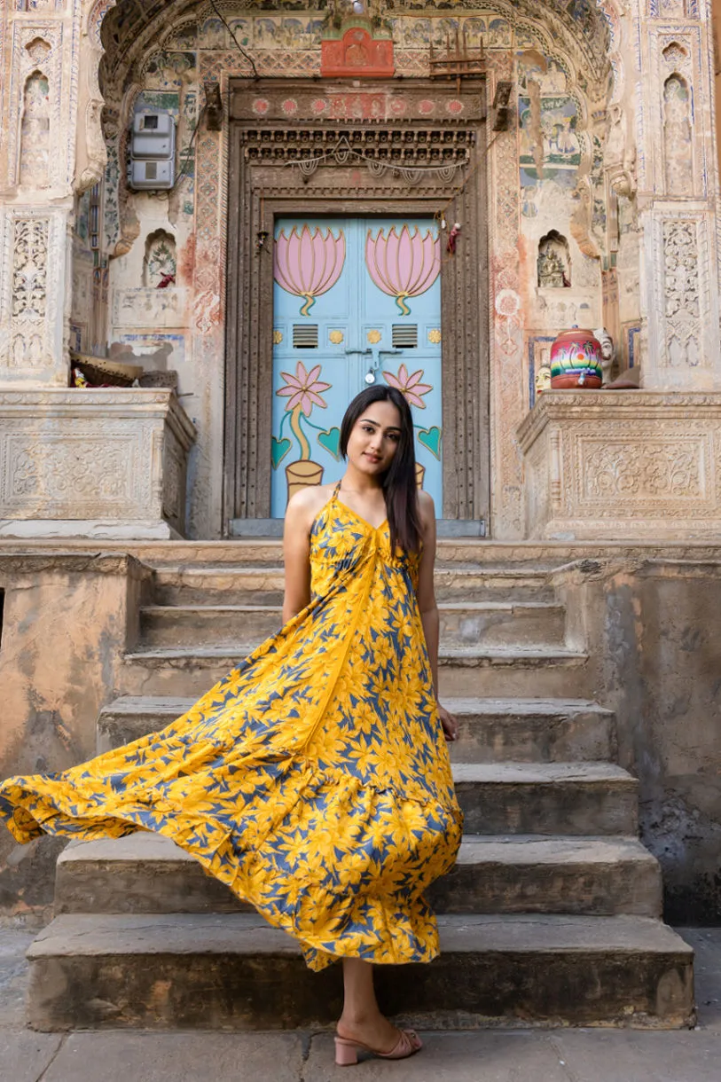 Yellow Silk Sari Printed Halter Backless Maxi Dress