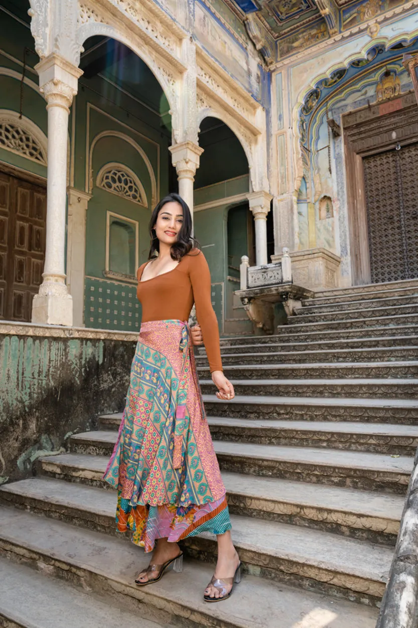 Beautiful Multicolor Silk Sari Long Wrap Skirt