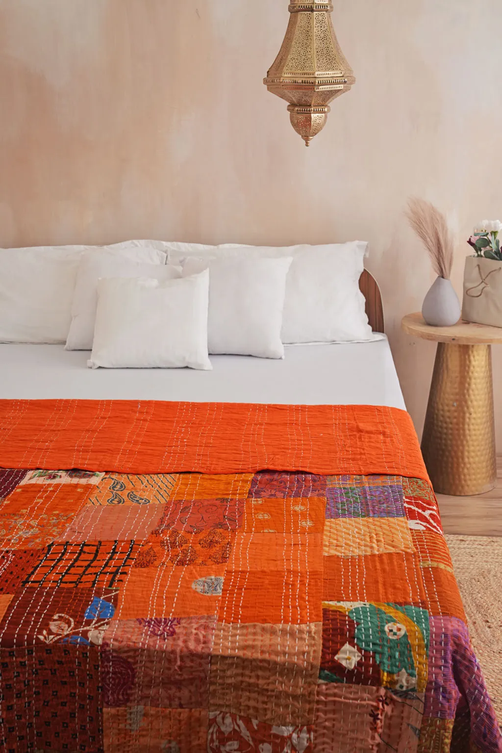 Silk Patchwork Orange Patola Kantha Bedspread