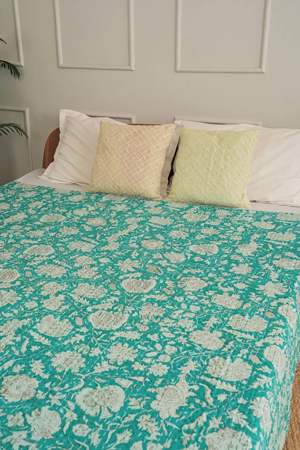 Minimalist Green Leafy Kantha Quilt