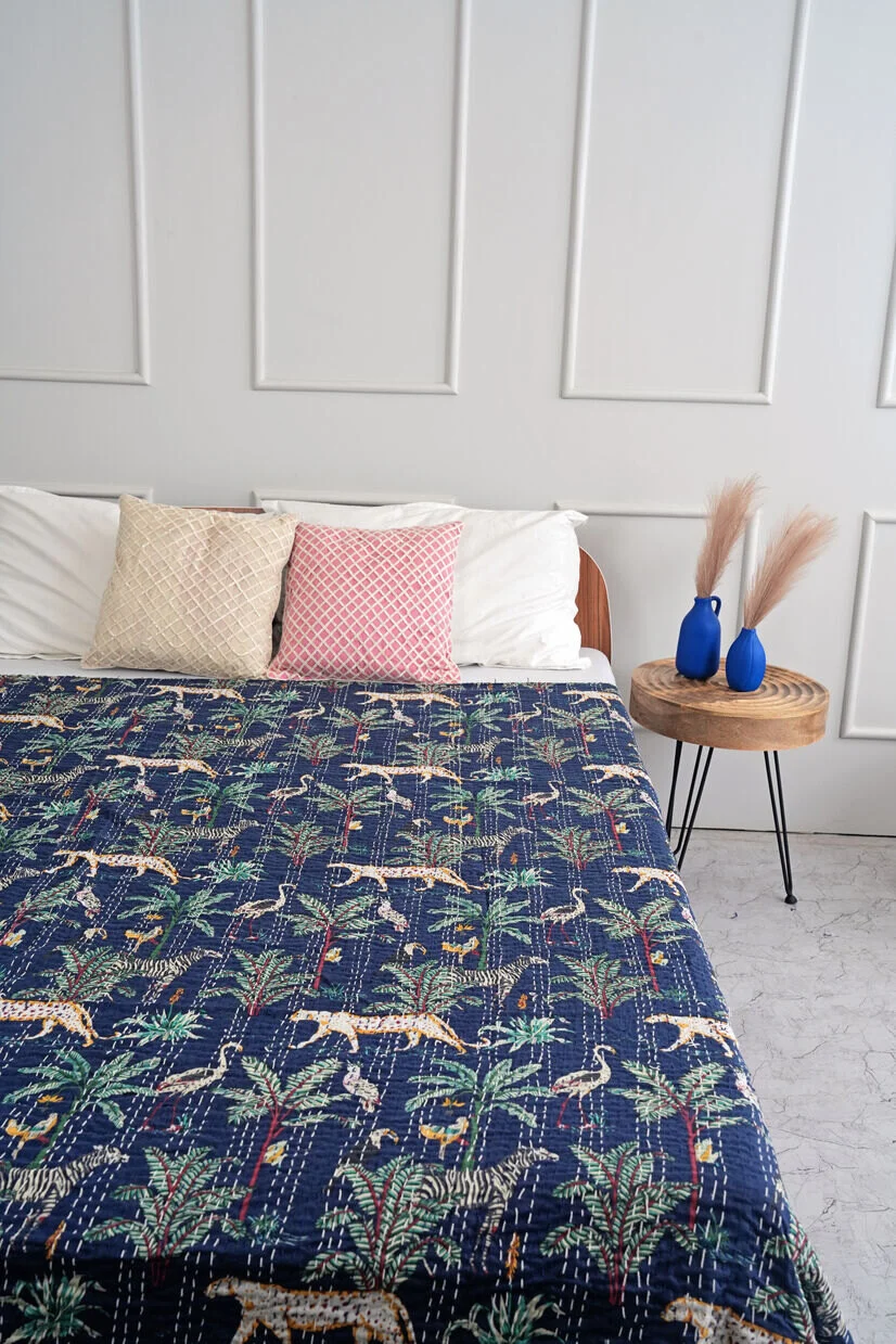 Navy Safari Kantha Bedcover