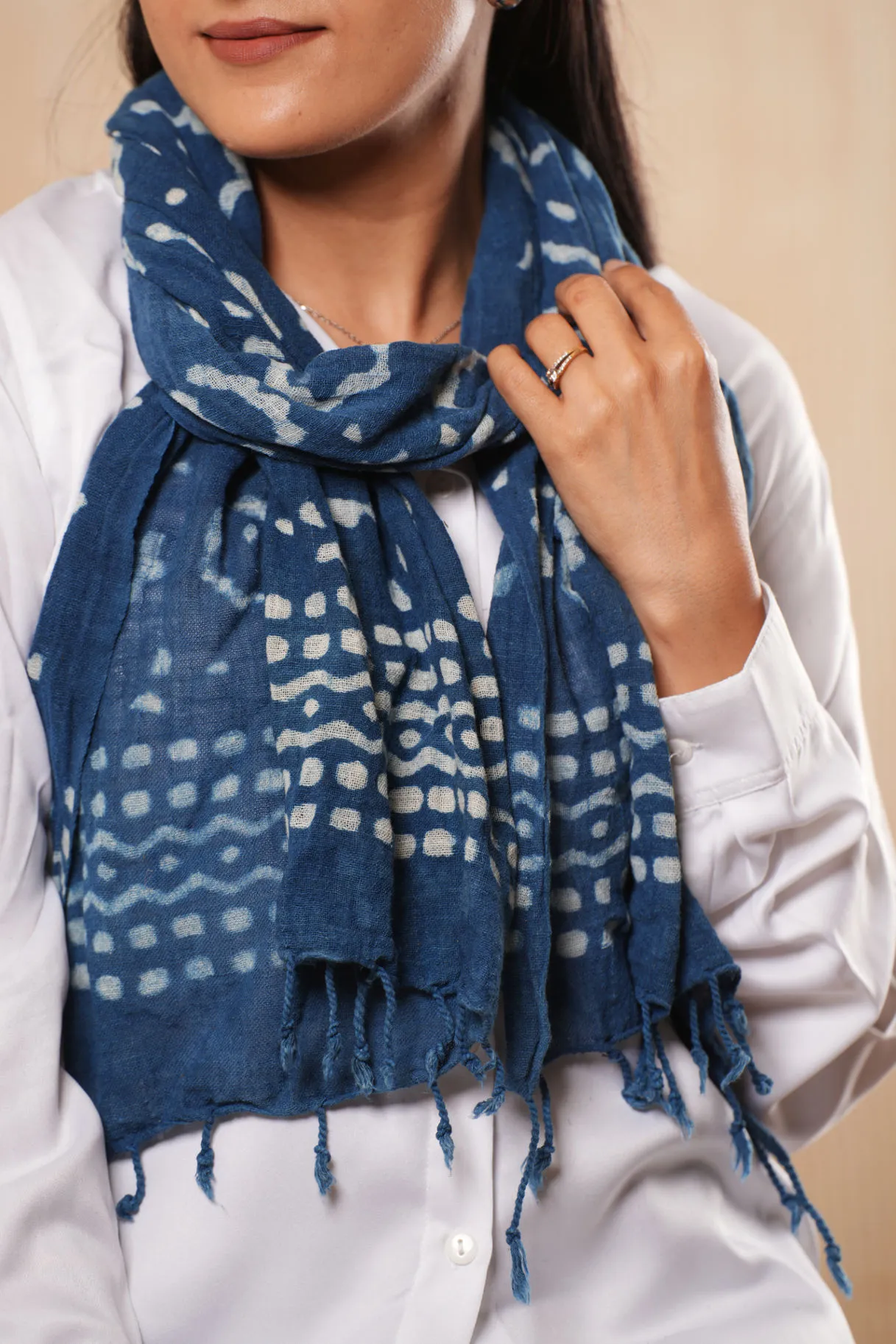 Cotton Indigo Blue Floral Scarf - #D6