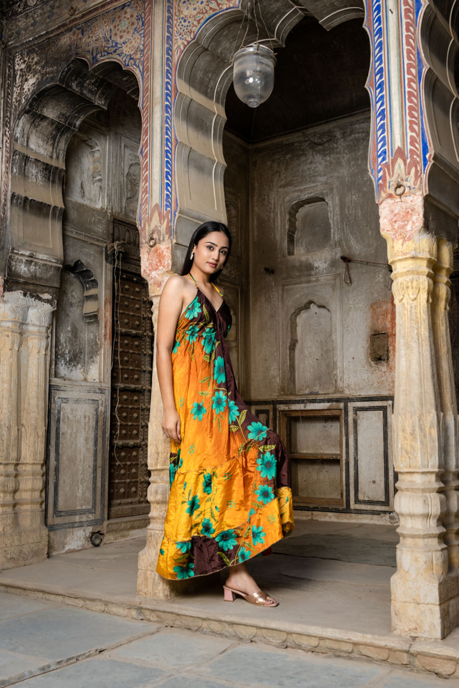 Open Back Silk Sari Maxi Dress - Brown & Yellow