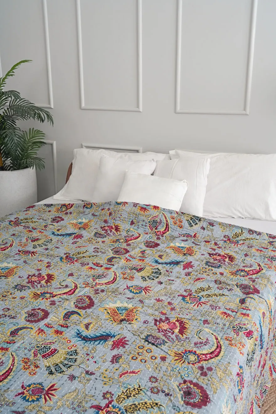 Wildflower Gray Cotton Handmade Kantha Quilt