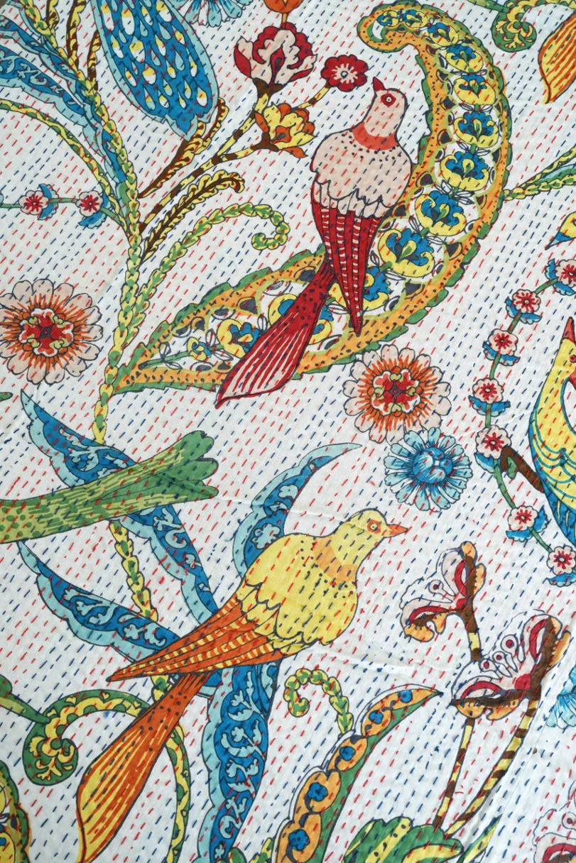 Peacock Kantha Quilt - White