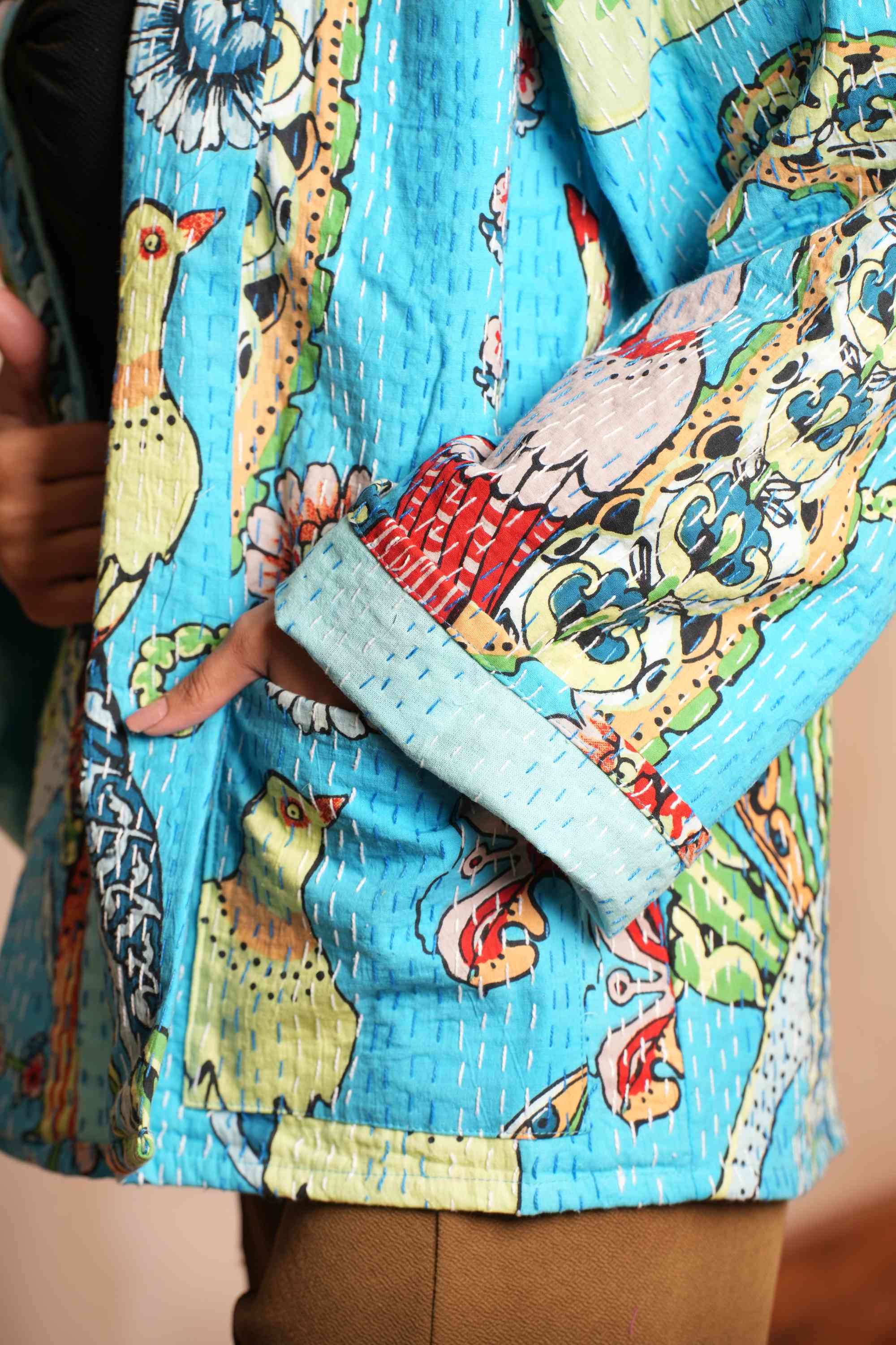 Turquoise Handmade Peacock Cotton Kantha Jacket