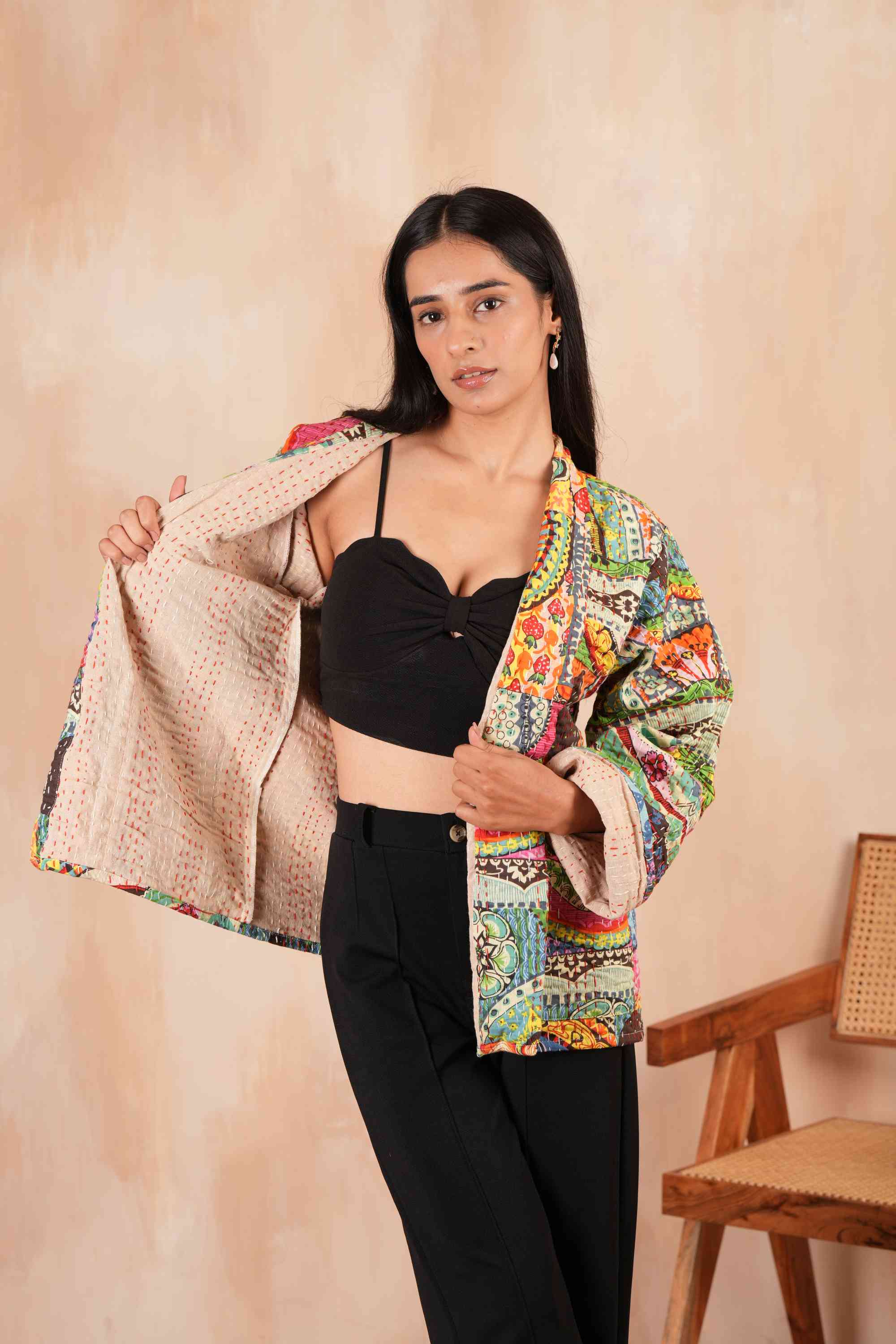 Strawberry Field Patchwork Printed Cotton Kantha Jacket