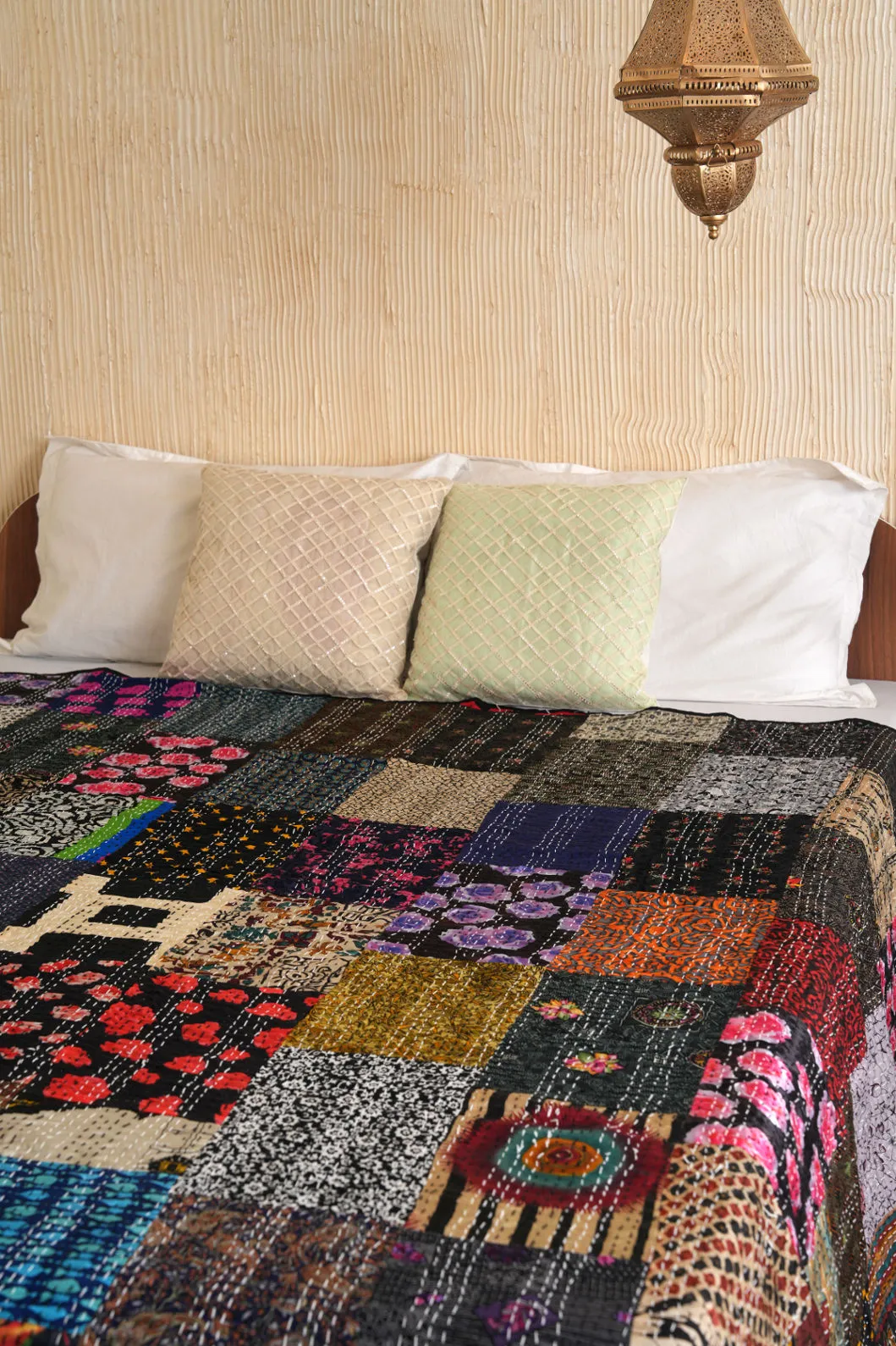 Black Silk Kantha Quilt, Vintage Patchwork Blanket, Handmade Bedspread, Unique Home Decor