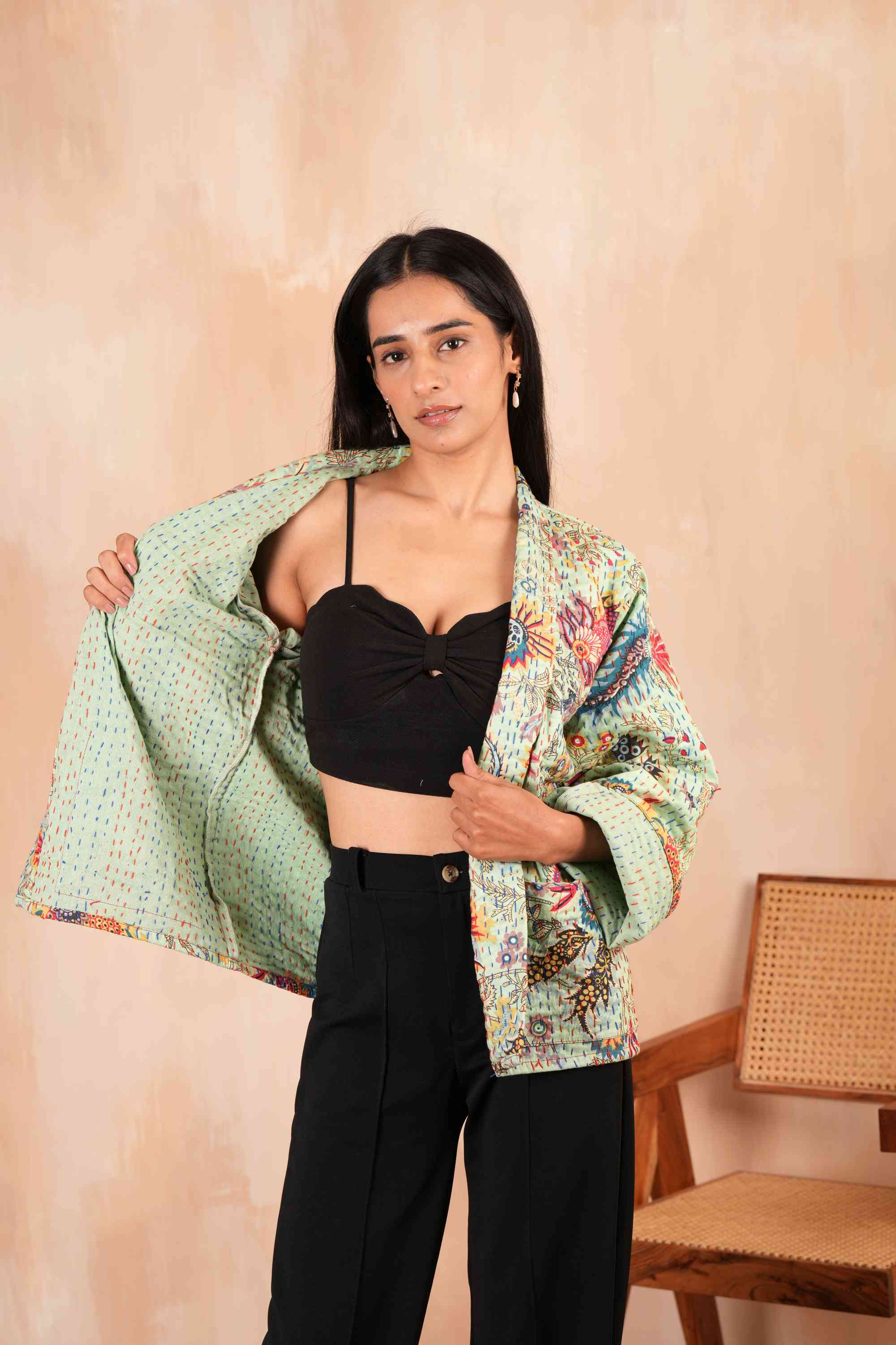 Handmade Green Wildflower Kantha Jacket