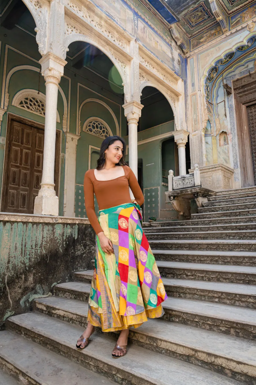 Colorful Silk Long Wrap Skirt