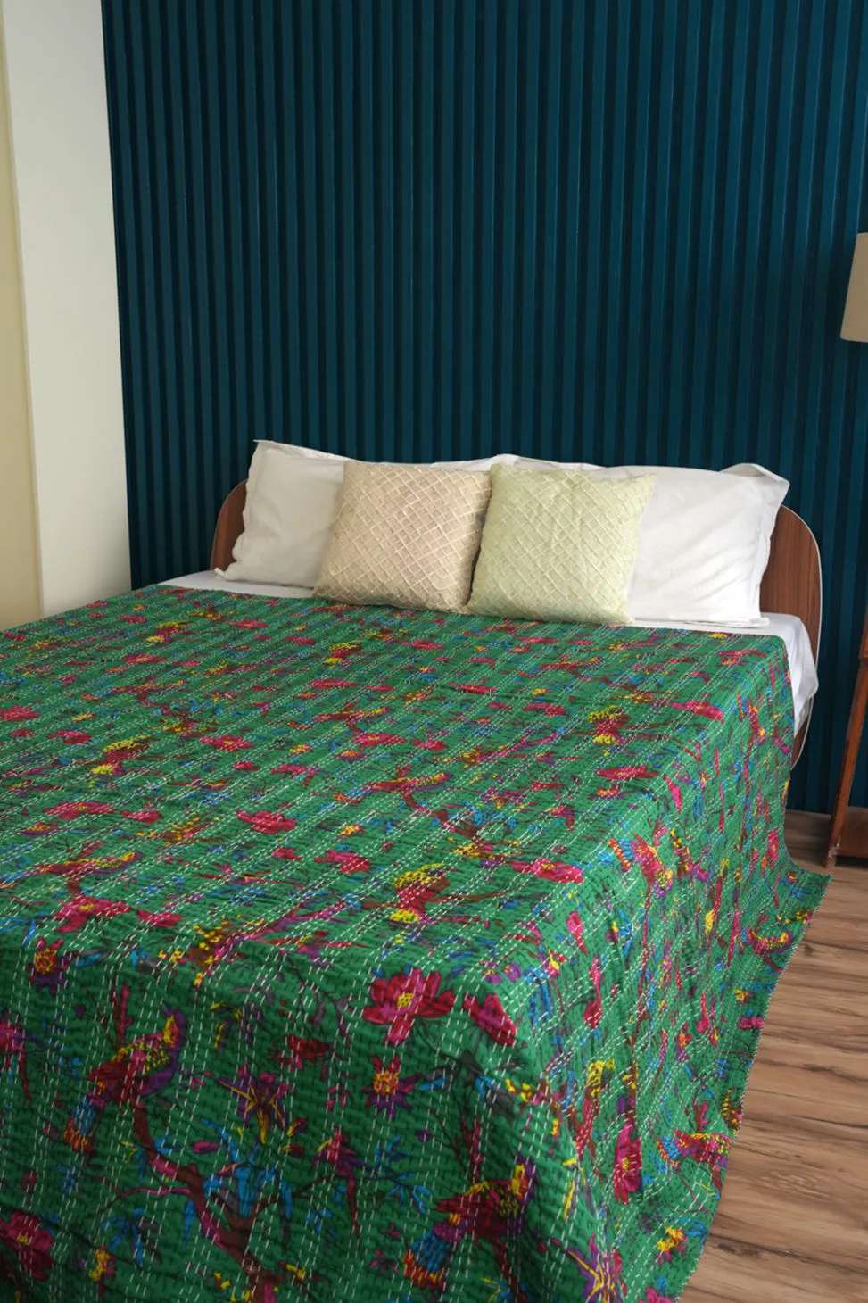 Green Bird Cotton Kantha Quilt