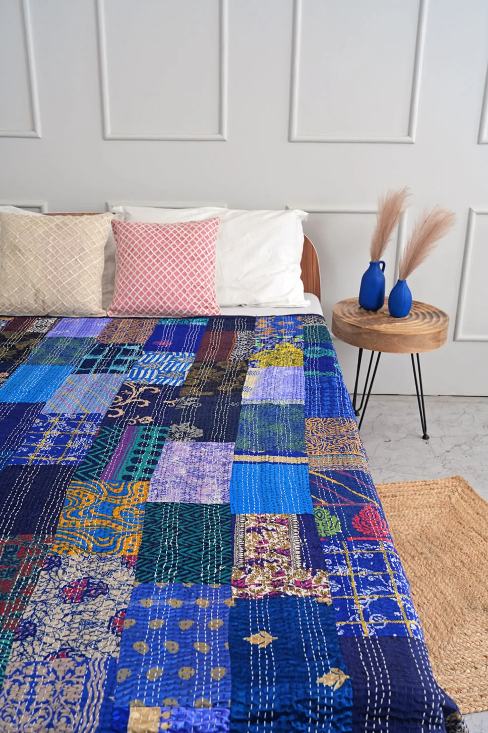 Boho Patchwork Silk Kantha Quilt