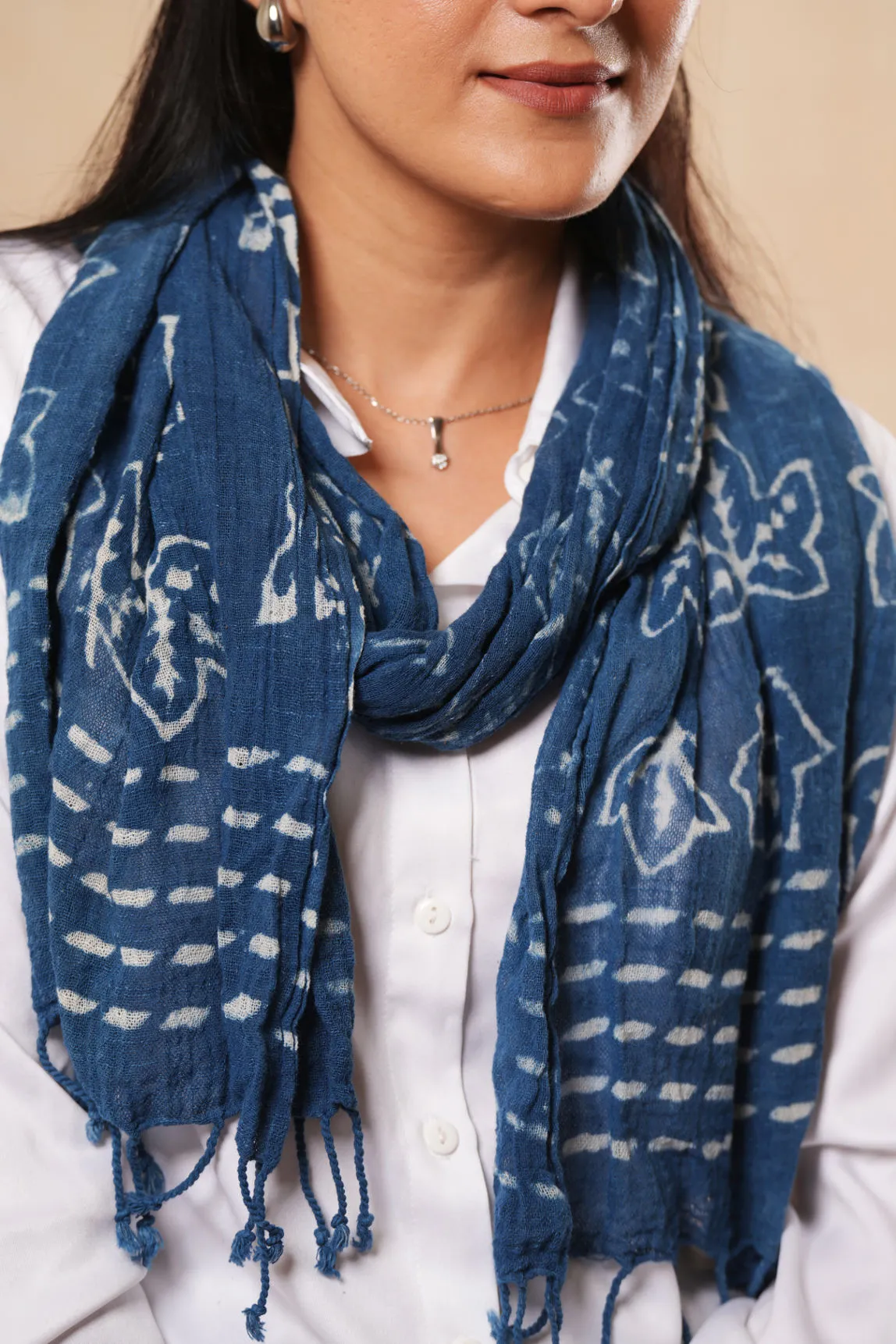 Indigo Blue Block Printed Cotton Scarf - #D1