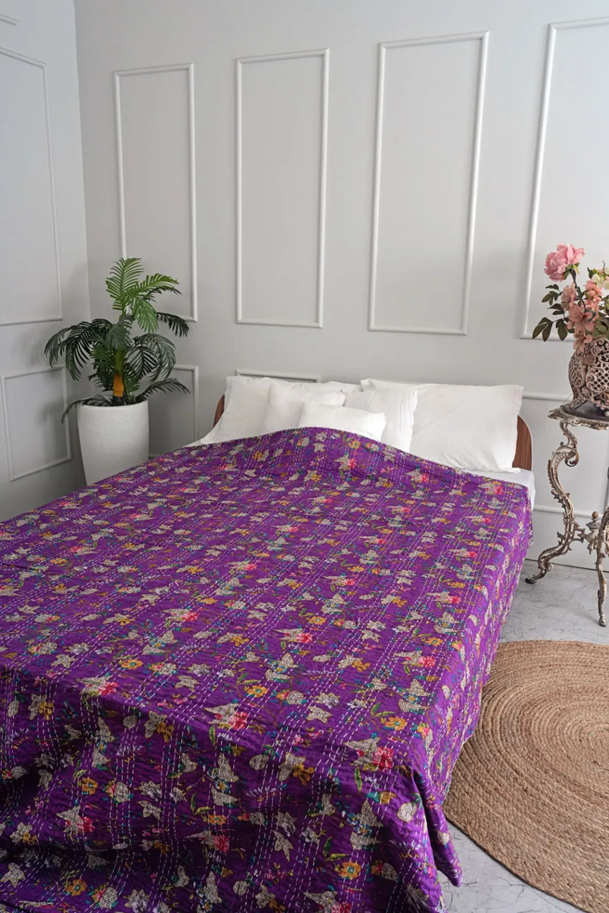 Purple Floral Handmade Cotton Kantha Quilt