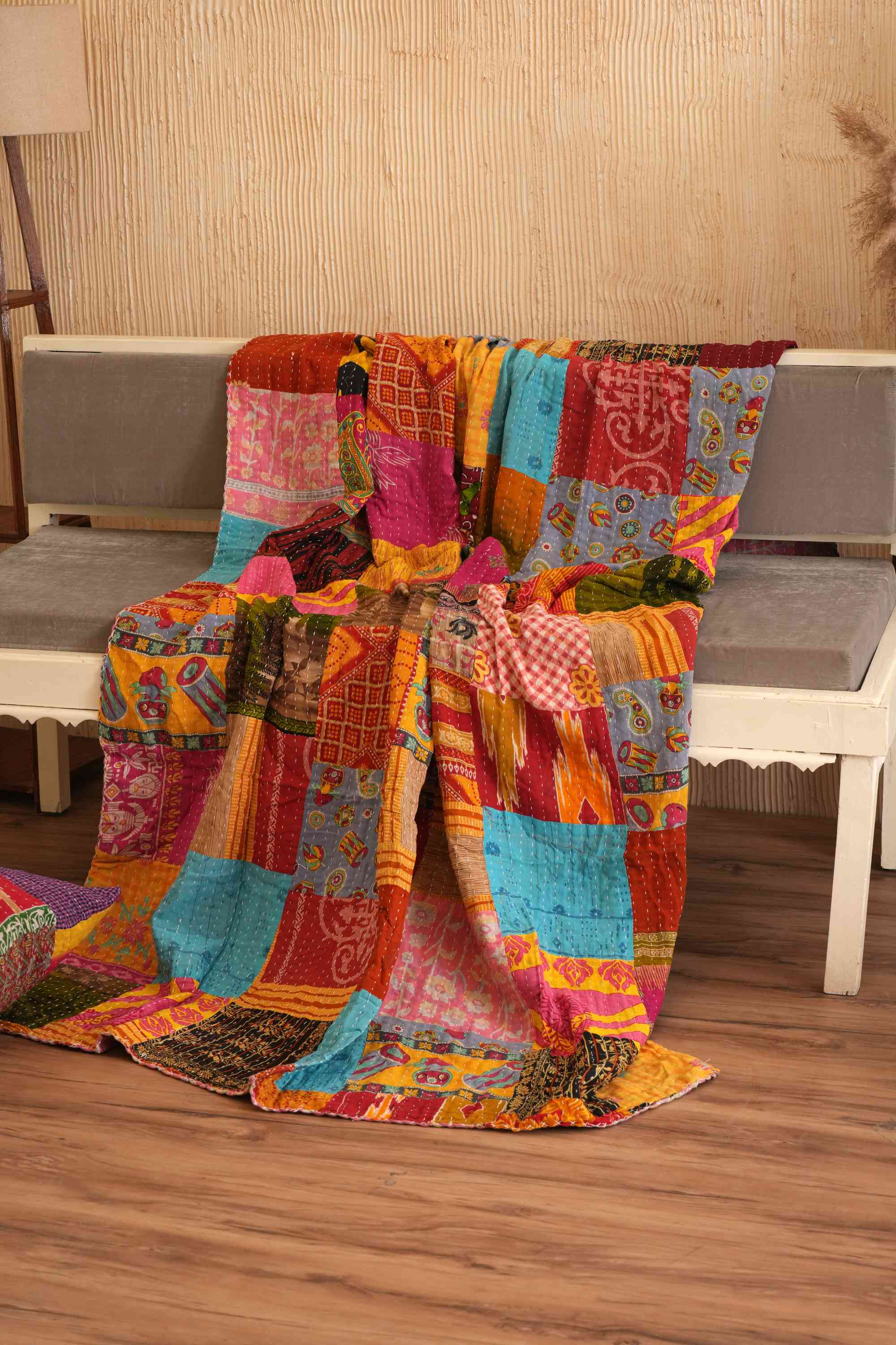 Handmade Cotton Patchwork Kantha Quilt Sofa Throw Blanket