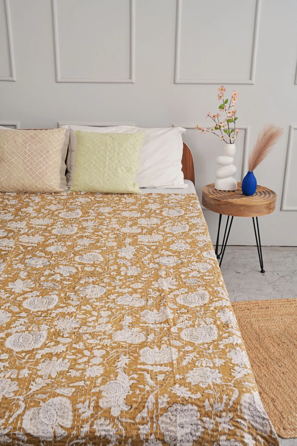 Camel Brown Minimal Cotton Kantha Quilt