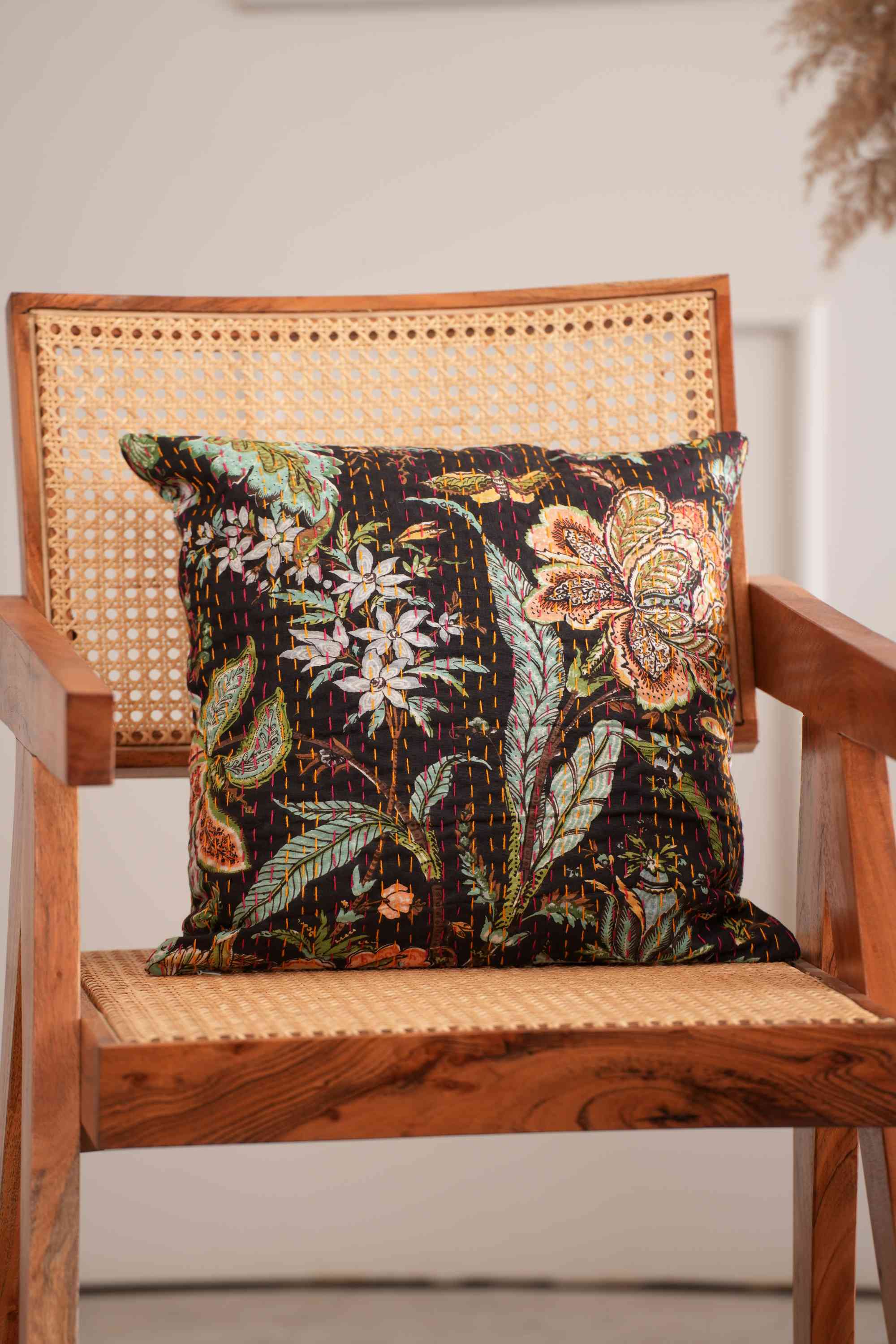 Handmade Cotton Wildflower Print Kantha Cushion Cover Black