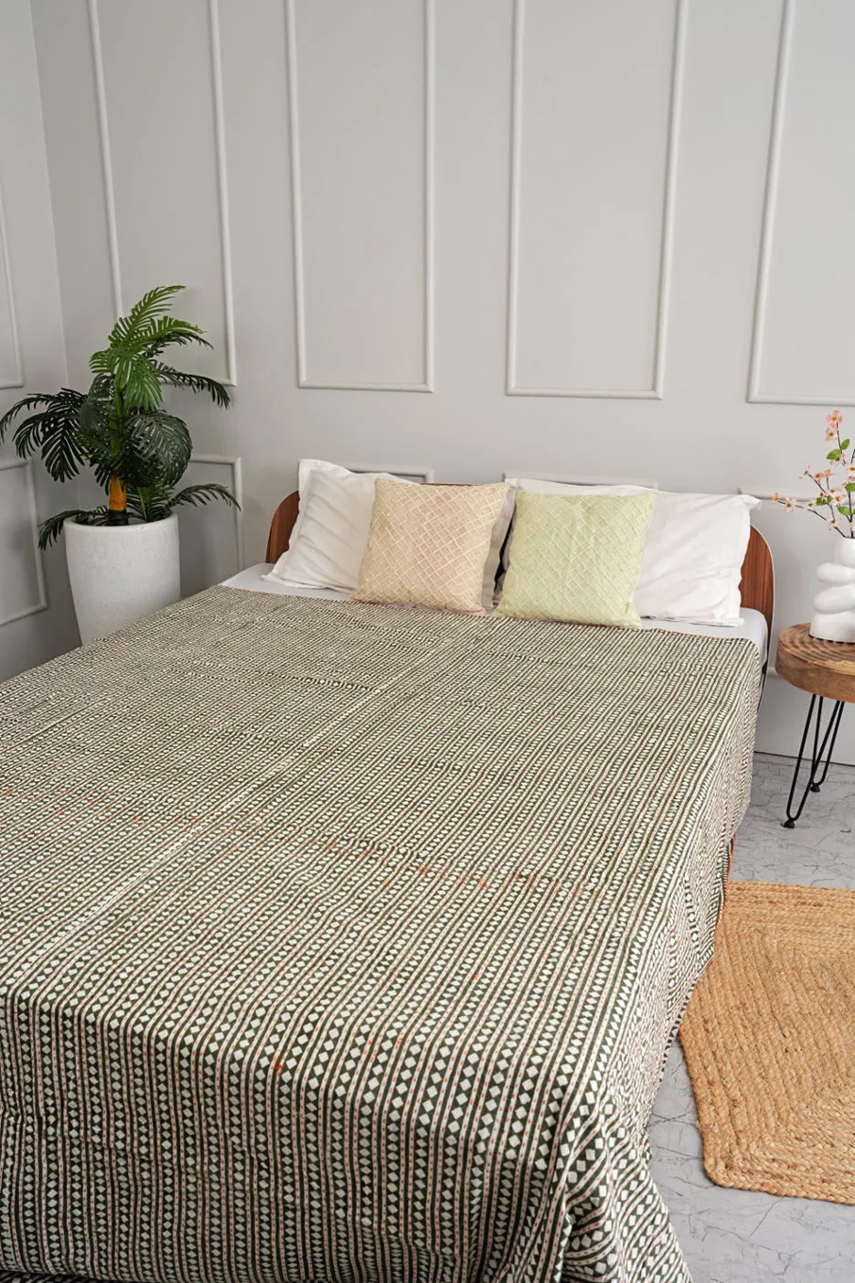 Green Diamond Queen Kantha Bedspread