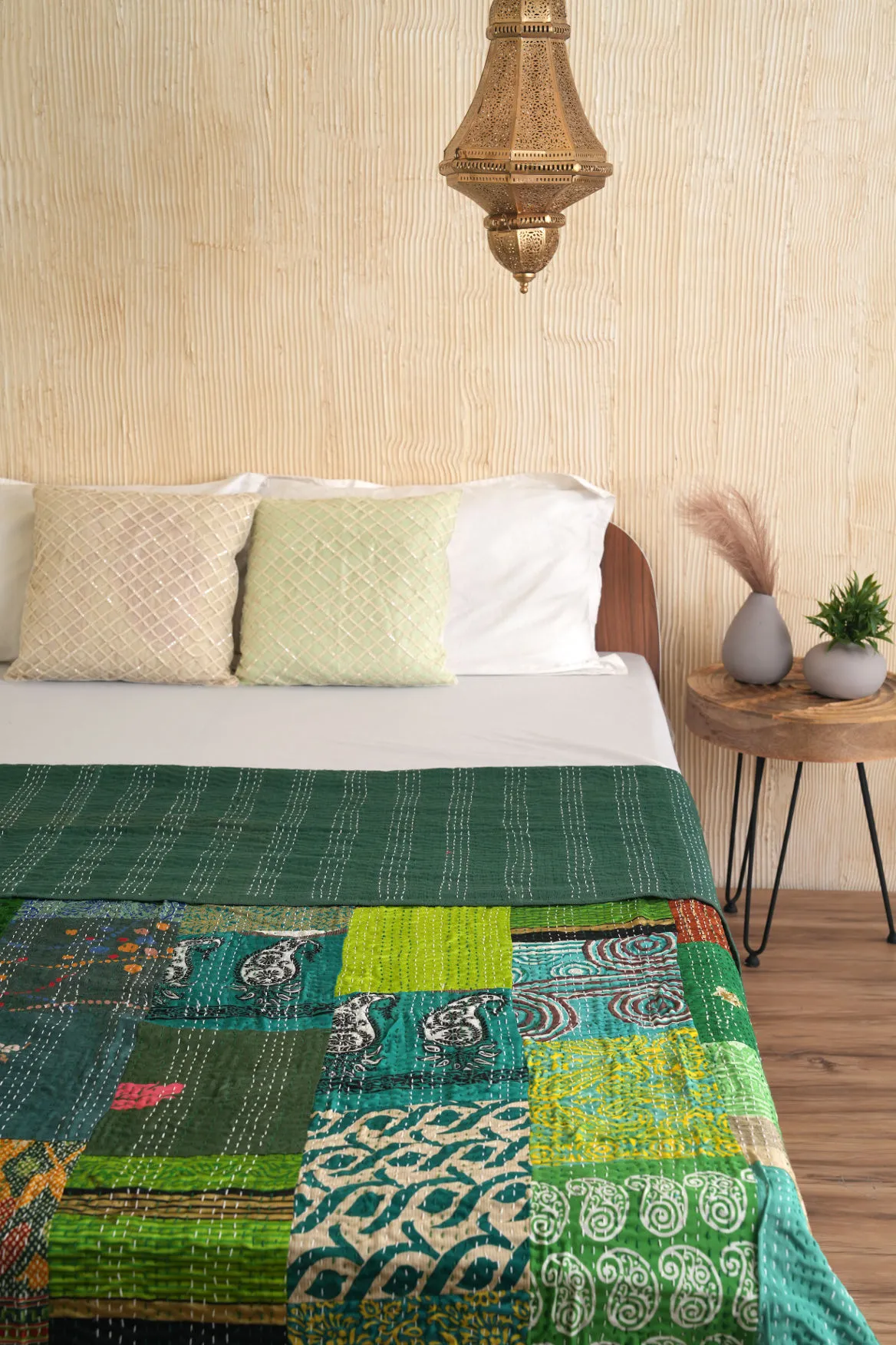 Green Patchwork Silk Kantha Bedspread