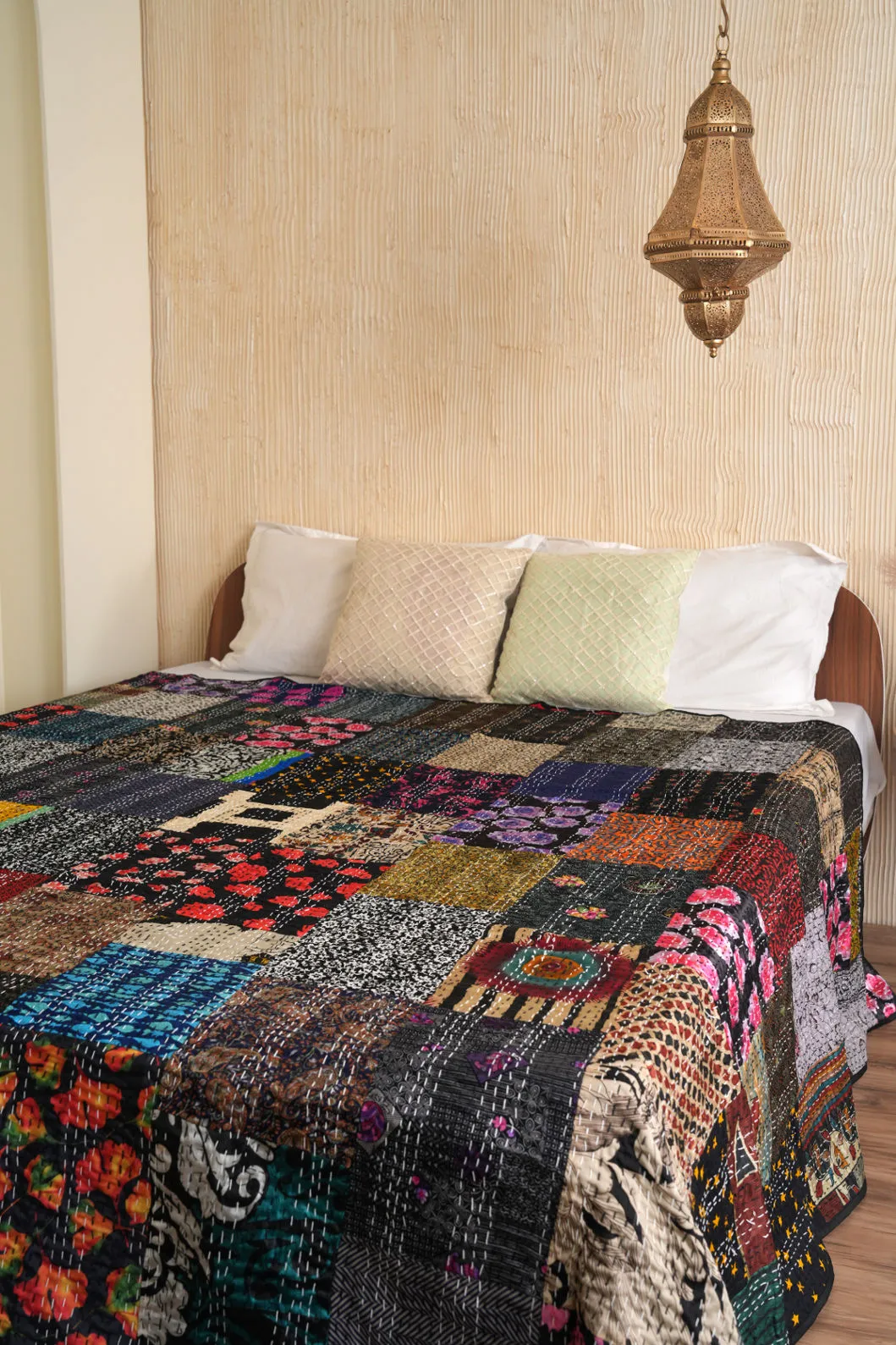 Black Silk Kantha Quilt, Vintage Patchwork Blanket, Handmade Bedspread, Unique Home Decor