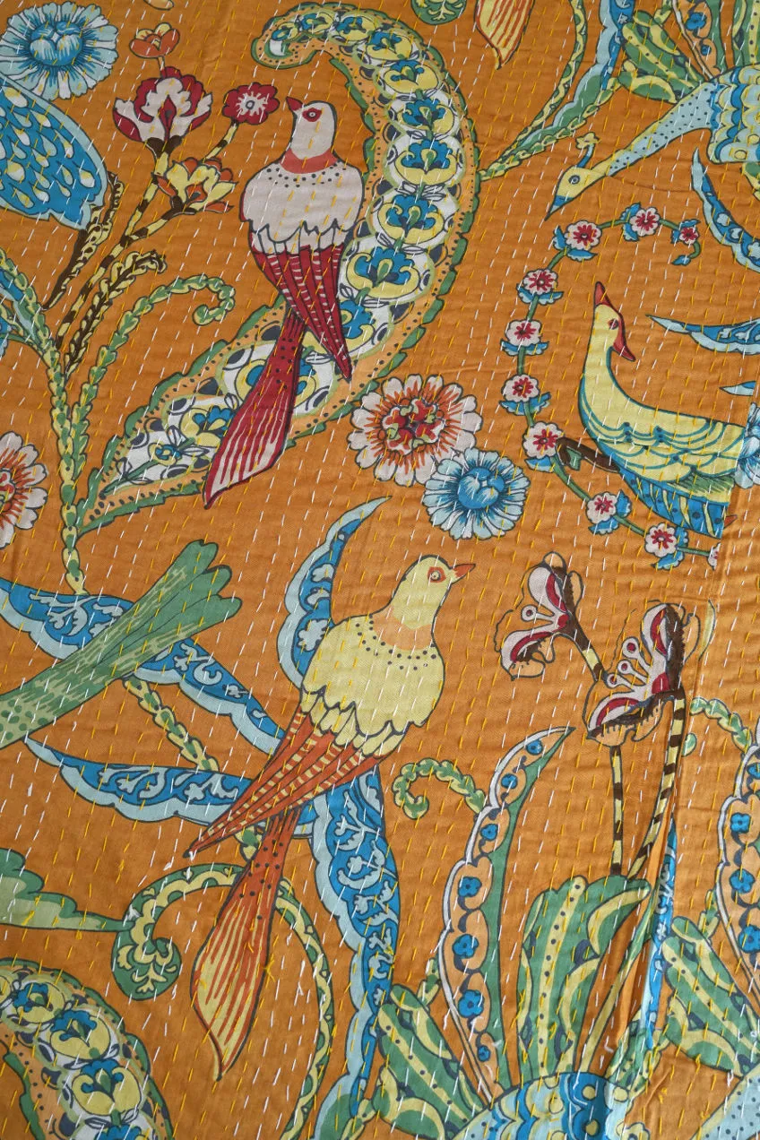 Peacock Kantha Quilt - Mustard Yellow