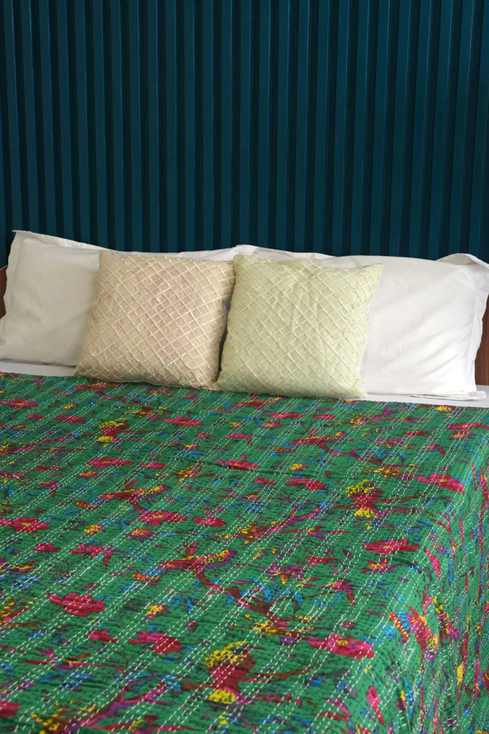 Green Bird Cotton Kantha Quilt