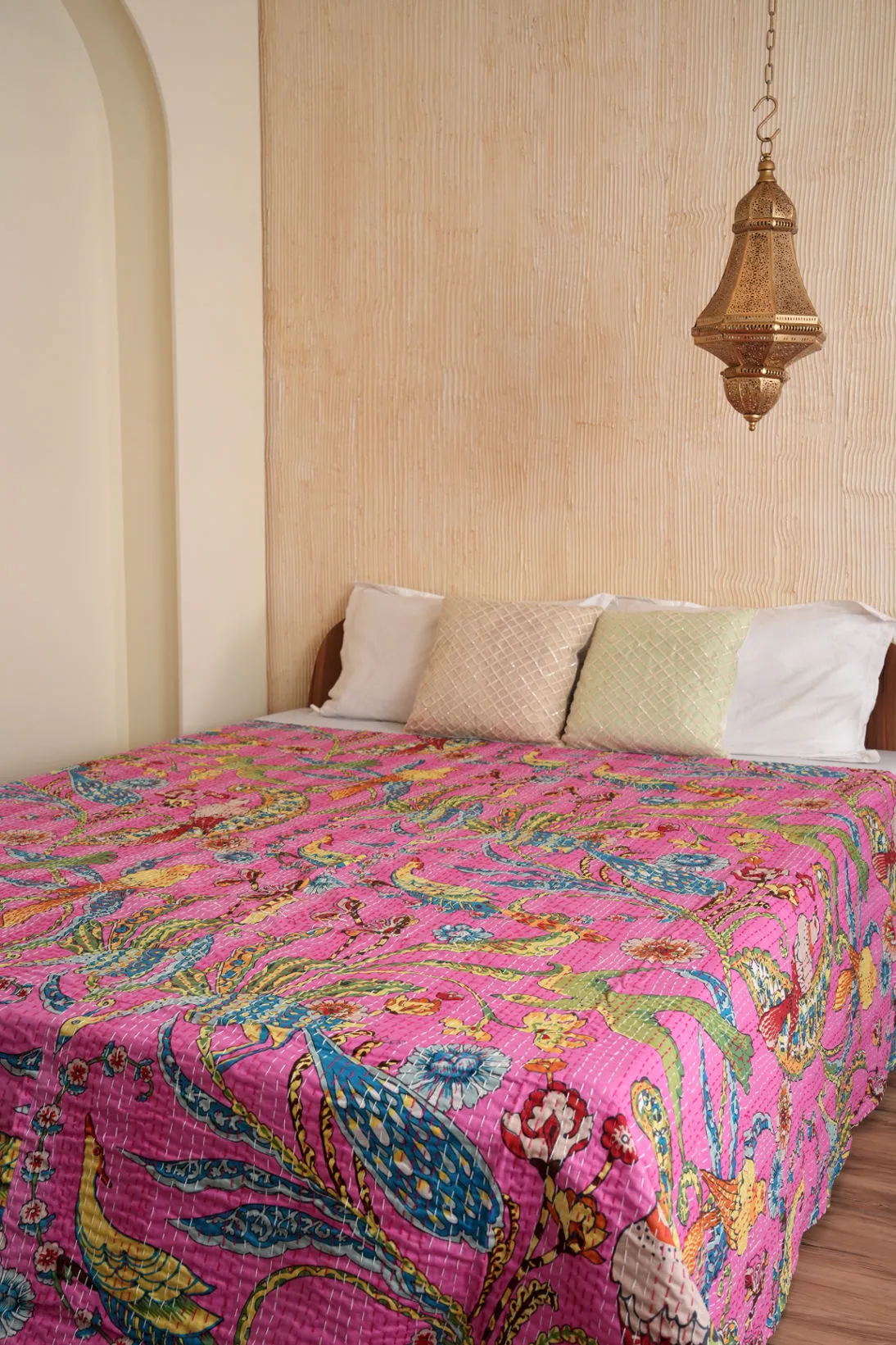 Peacock Kantha Quilt - Pink