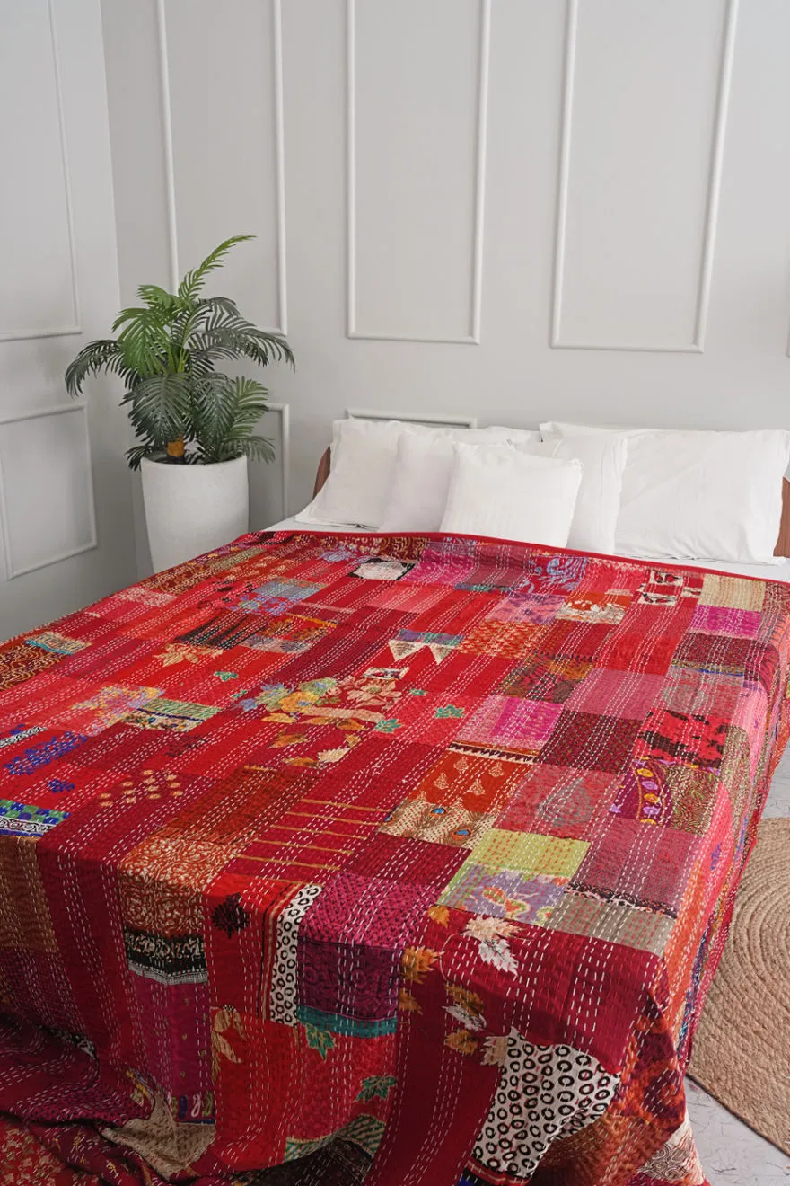 Red Vintage Silk Sari Kantha Bedspread