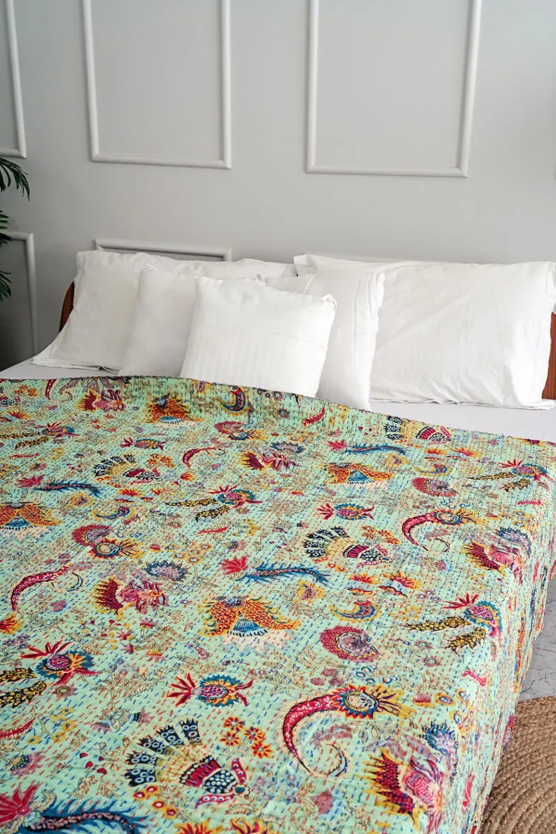 Green Wildflower Kantha Bedspread