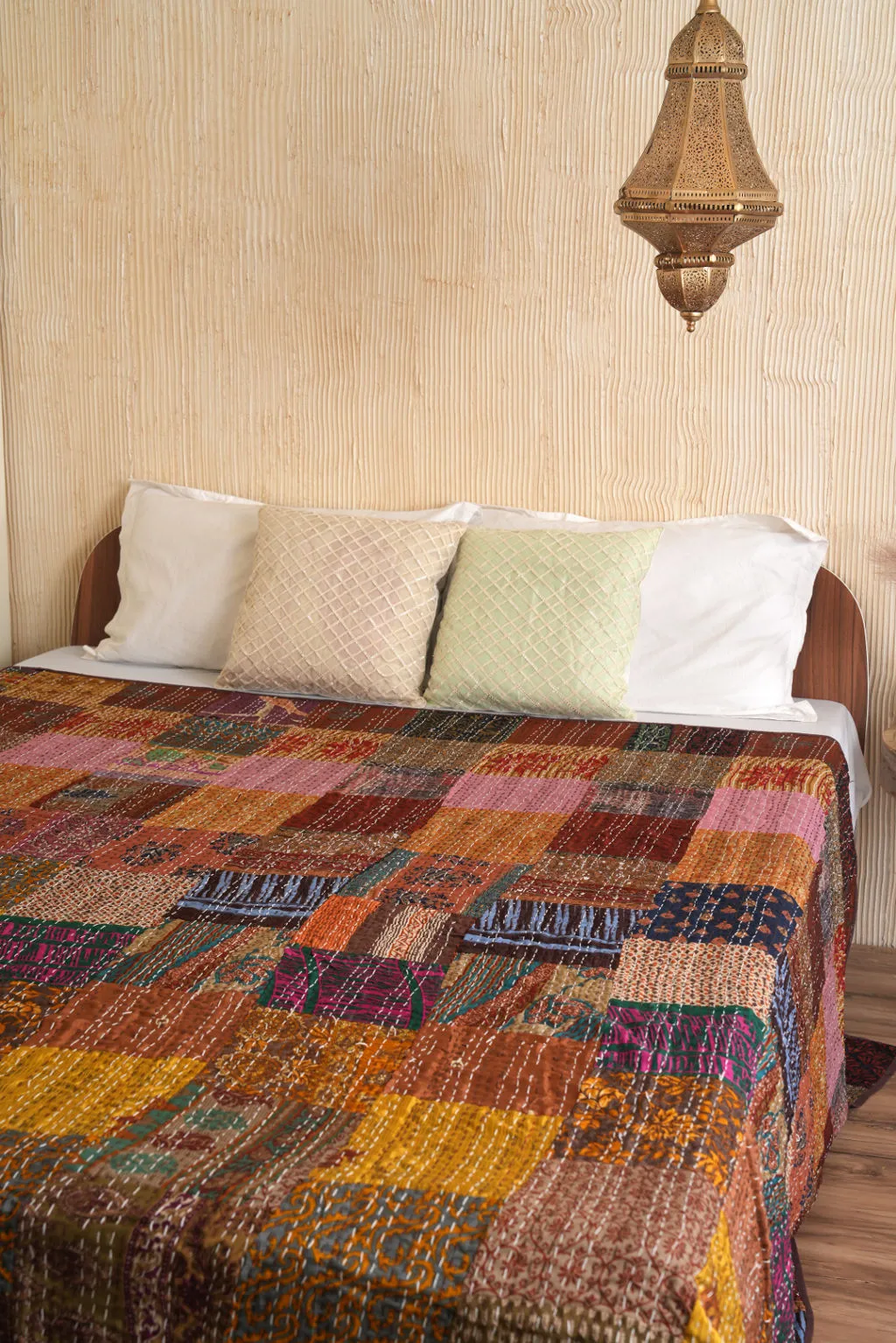 Brown Patchwork Vintage Silk Patola Kantha Quilt