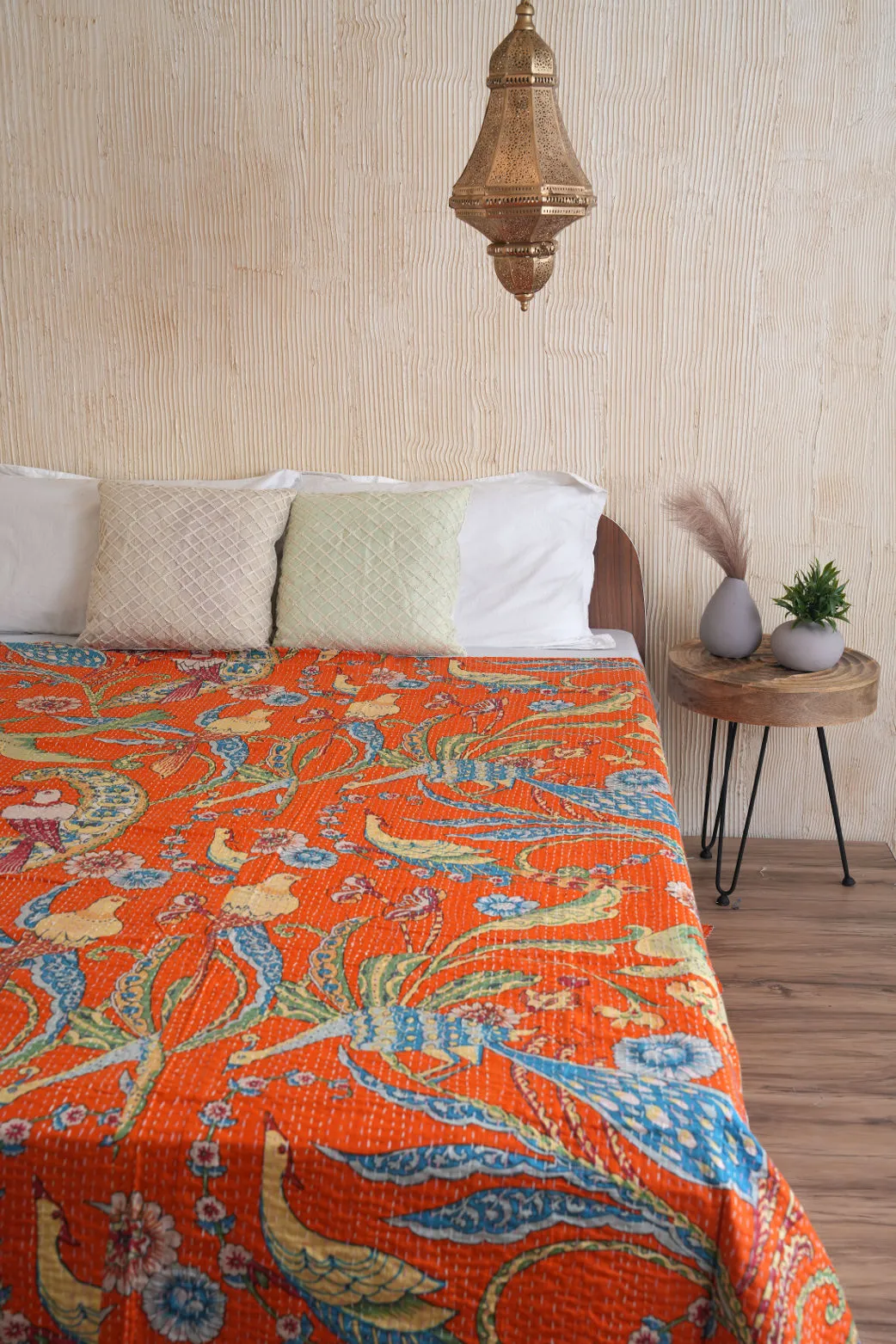 Peacock Kantha Quilt - Orange