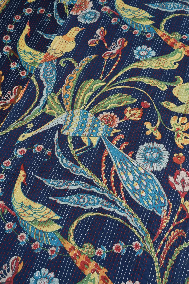 Peacock Kantha Quilt - Blue