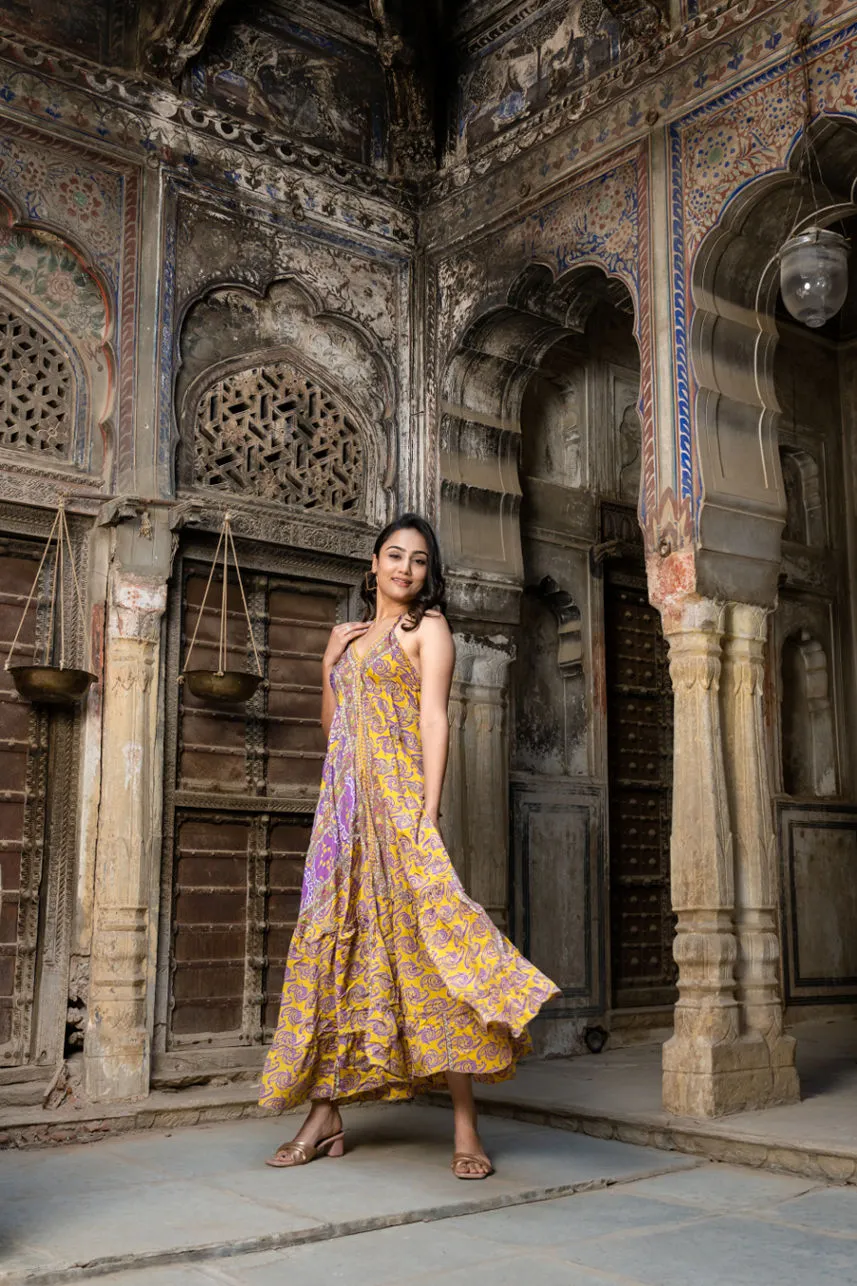 Boho Silk Maxi Dress Halter Neck Sari Long Goddess Dress