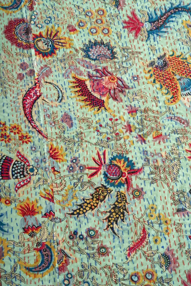 Green Wildflower Kantha Bedspread