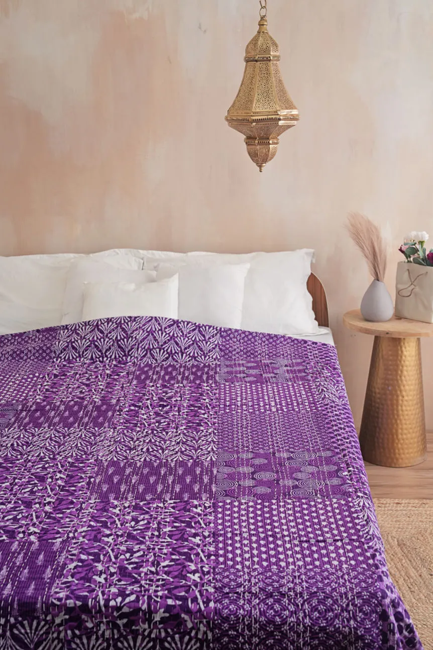 Luxurious Patchwork Purple Kantha Bedspread