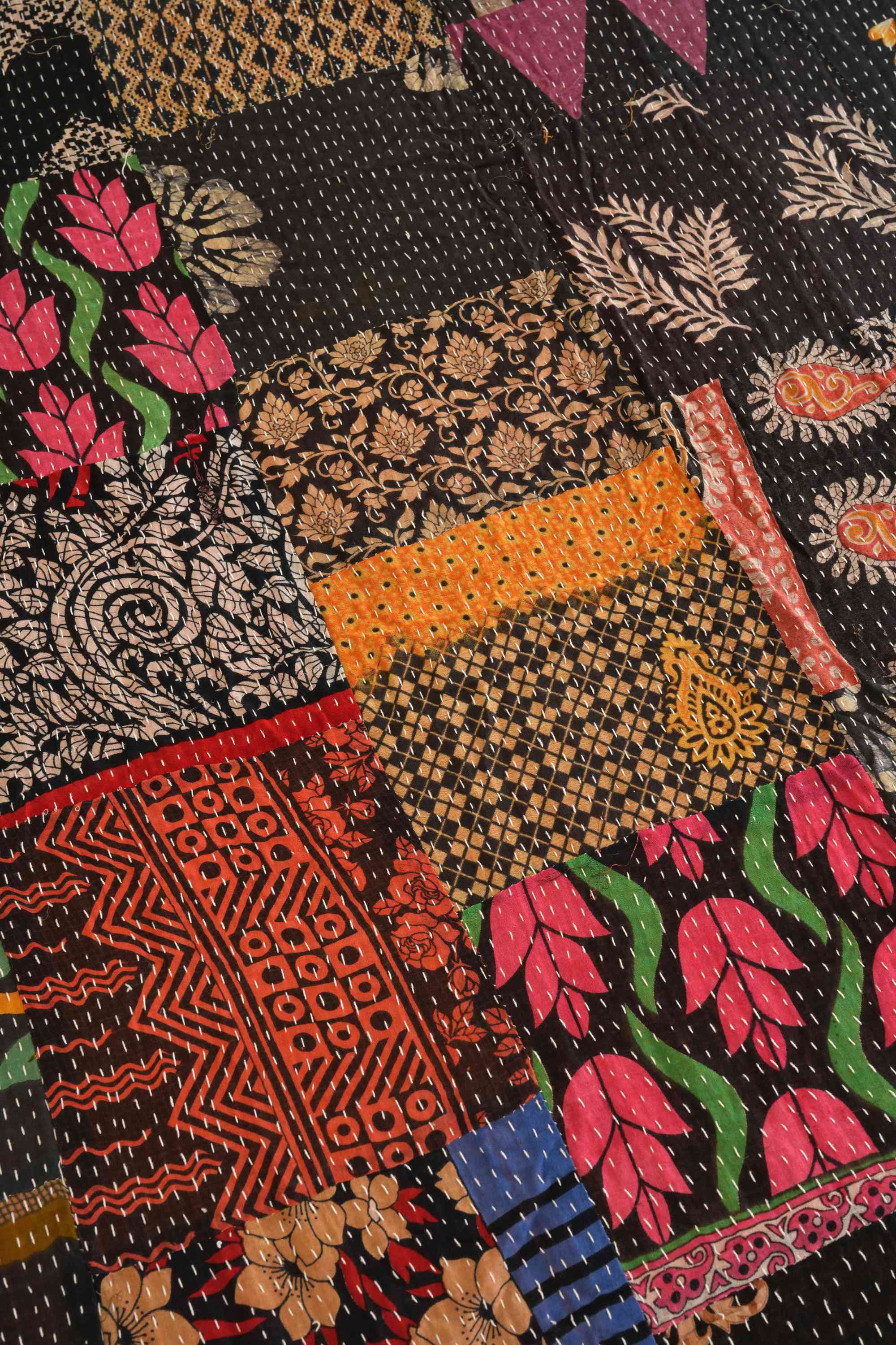 Black Handmade Vintage Patchwork Kantha Quilt