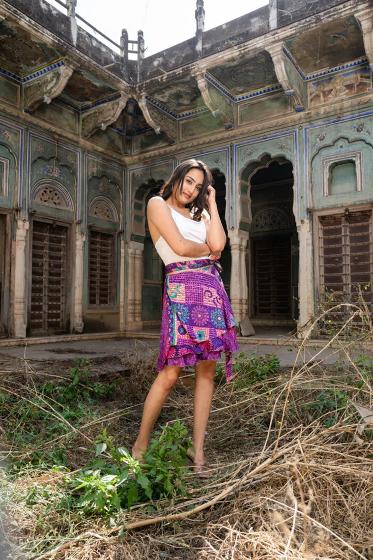 Purple Mini Short Silk Sari Wrap Skirt