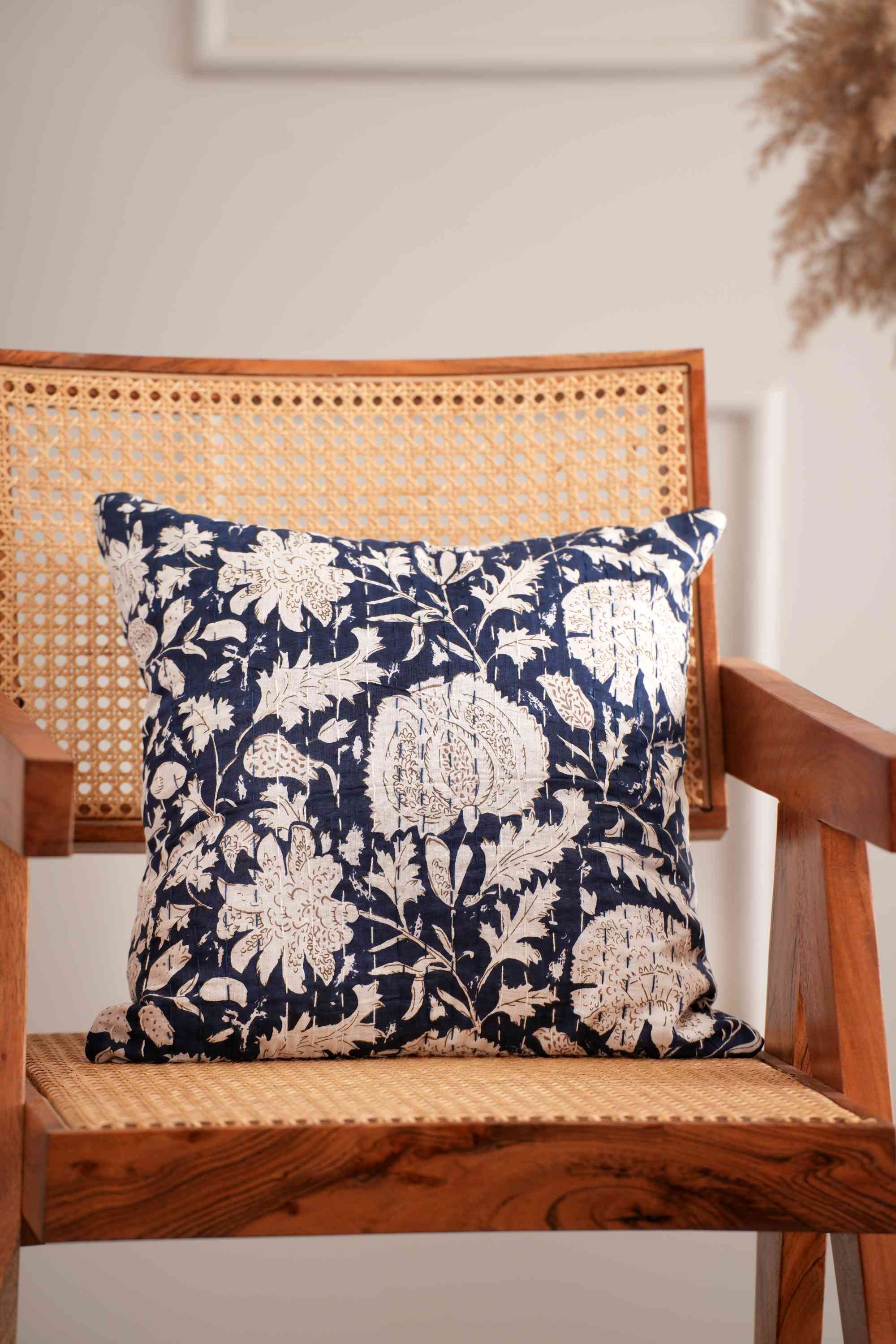 Handmade Cotton Flower Print Kantha Cushion Cover Blue