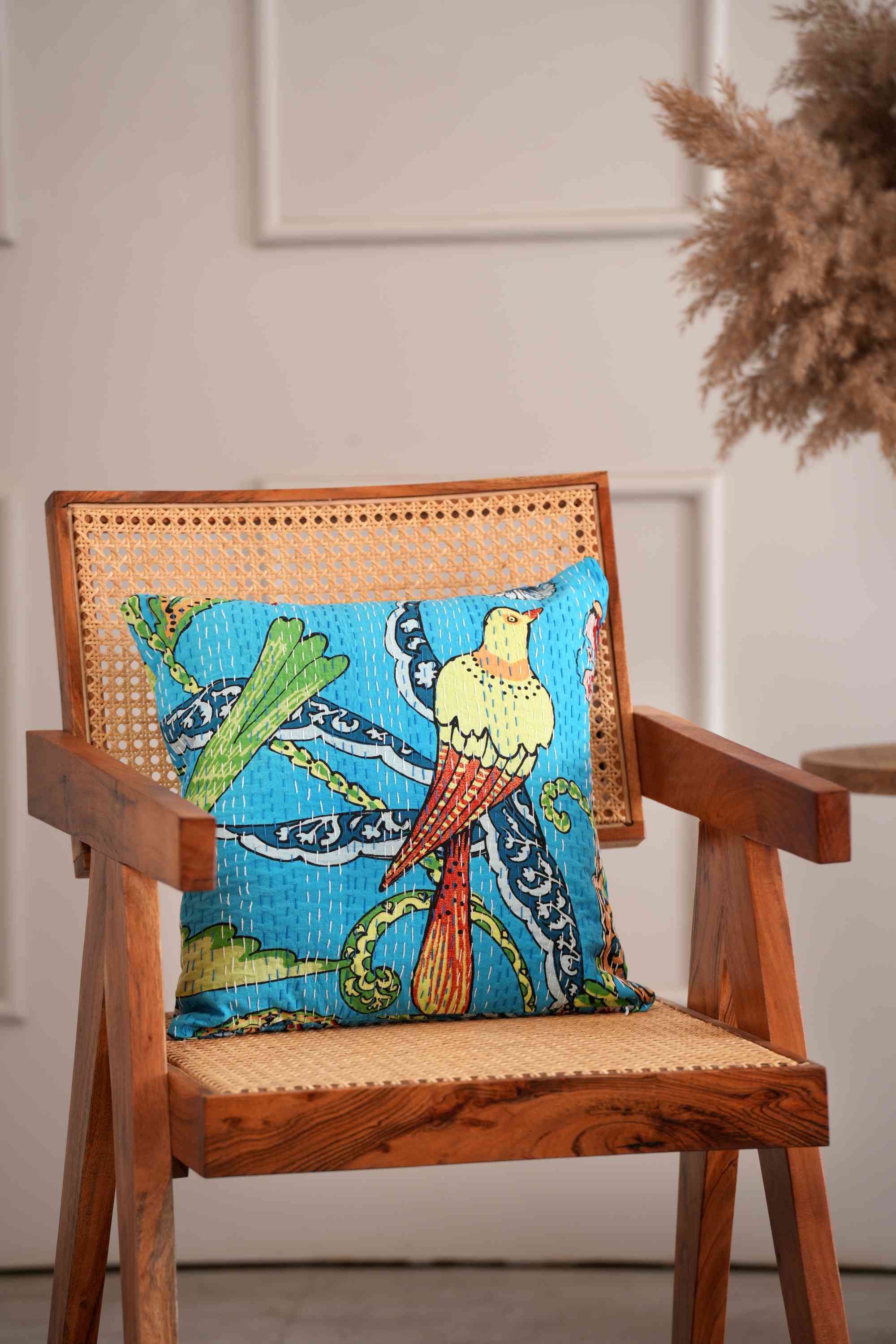 Handmade Cotton Sparrow Printed Kantha Cushion Cover Turquoise