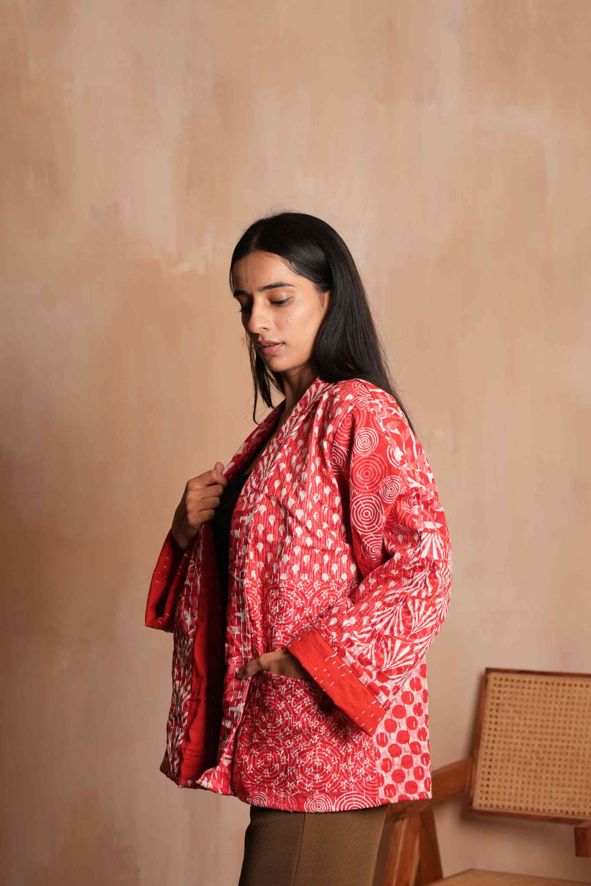 Handmade Patchwork Cotton Kantha Jacket Red