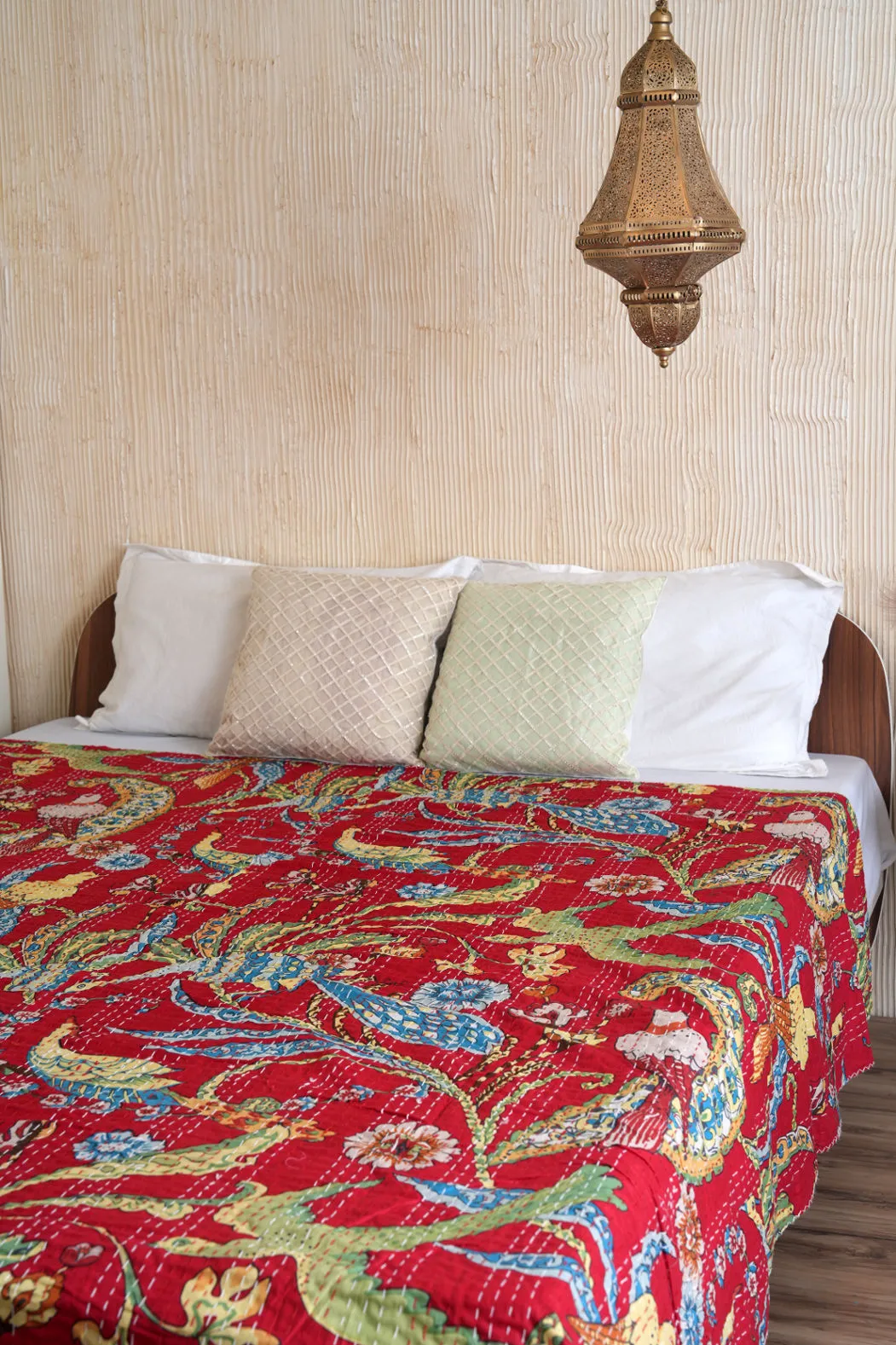 Peacock Kantha Quilt - Red