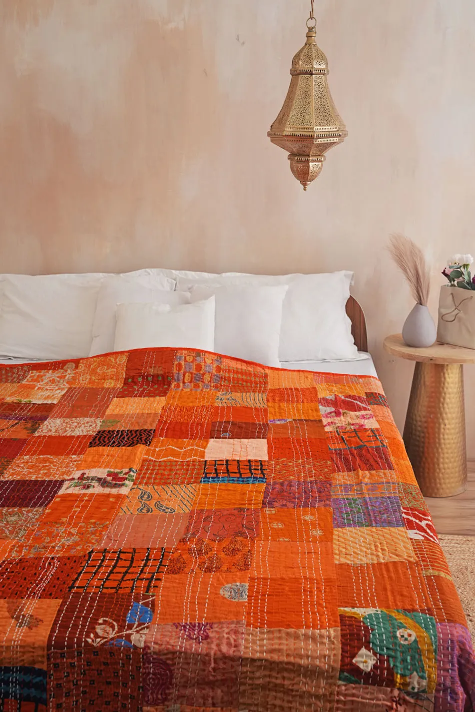 Silk Patchwork Orange Patola Kantha Bedspread