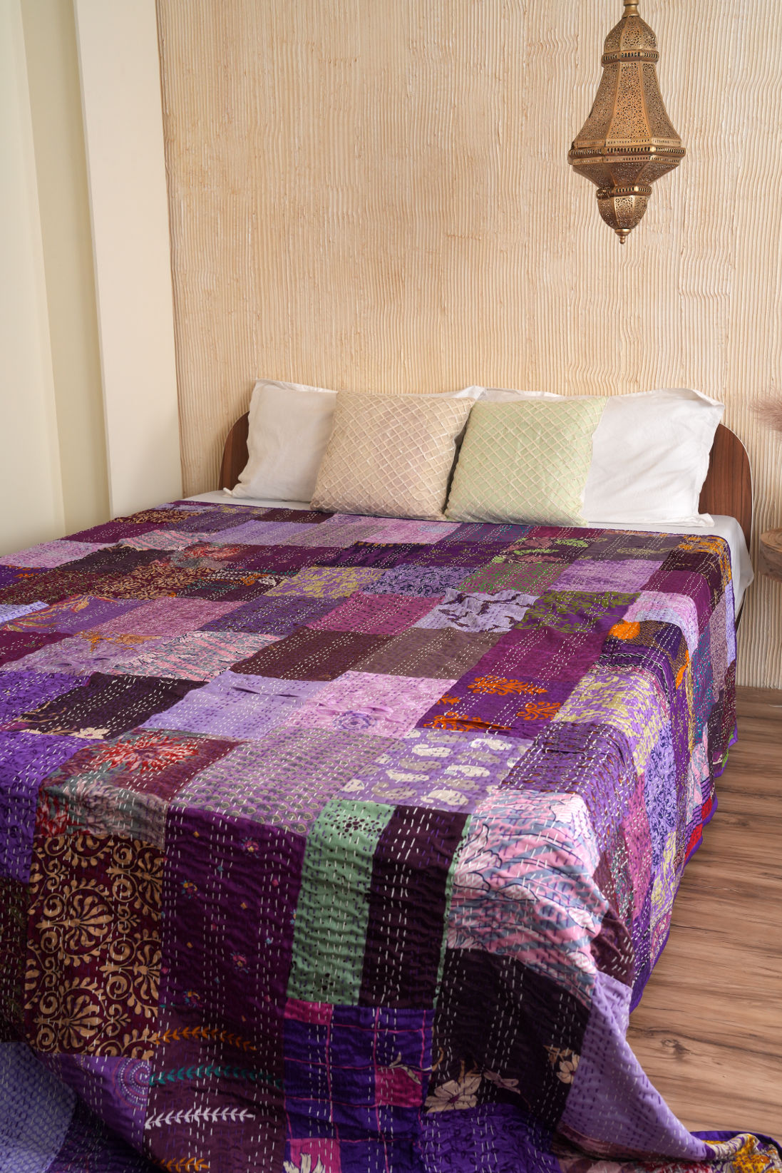 Silk Sari Kantha Quilt Purple Patchwork Bedspread