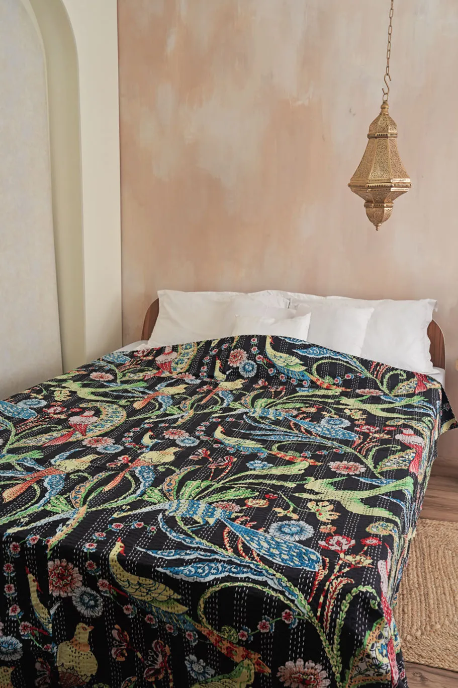 Peacock Kantha Bedspread - Black